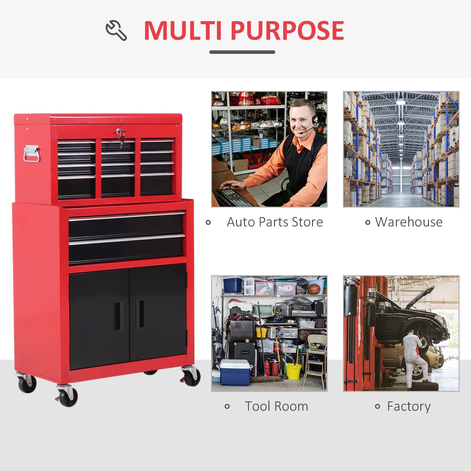 HOMCOM Tool Chest, Metal Tool Cabinet on Wheels with 6 Drawers, Pegboard, Top Chest and Roller Cabinet Combo, 61.6 x 33 x 108cm, Red and Black - anydaydirect