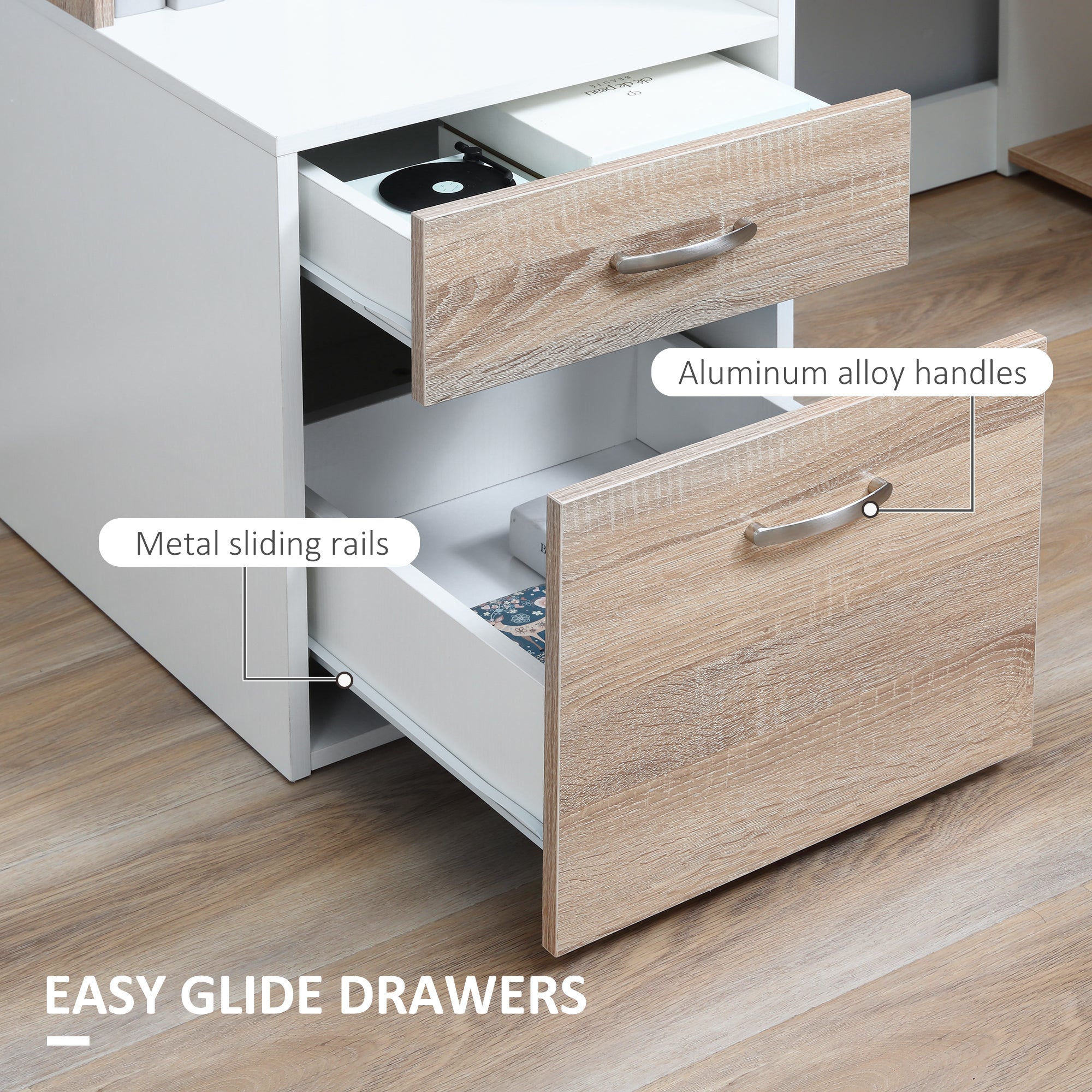 HOMCOM Computer Desk with Drawers and Storage Shelves, Reception Desk, Study Workstation for Home Office, 137 x 55 x 92cm, Oak and White - anydaydirect