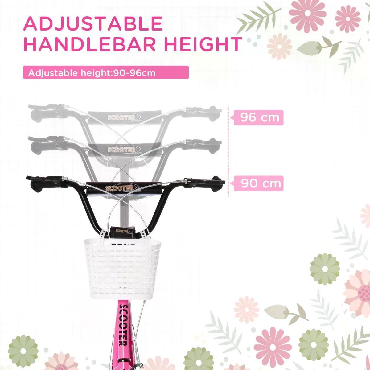 HOMCOM Kids Kick Scooter Teen Ride On Children Scooter with Adjustable Handlebar 2 Brakes Basket Cupholder Mudguard 16" Inflatable Rubber Tyres Pink - anydaydirect