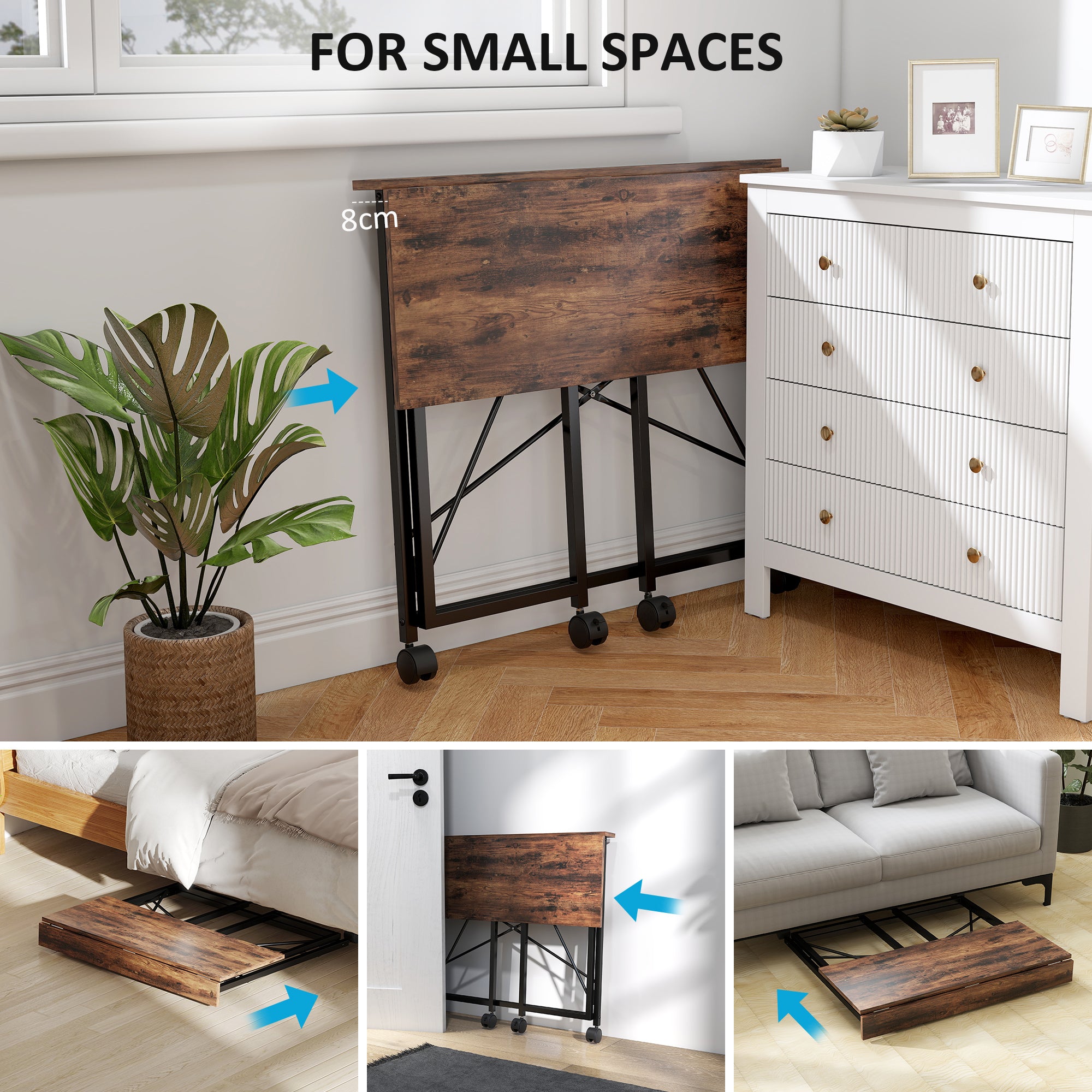 HOMCOM 80 cm Folding Desk on Wheels - Rustic Brown - anydaydirect