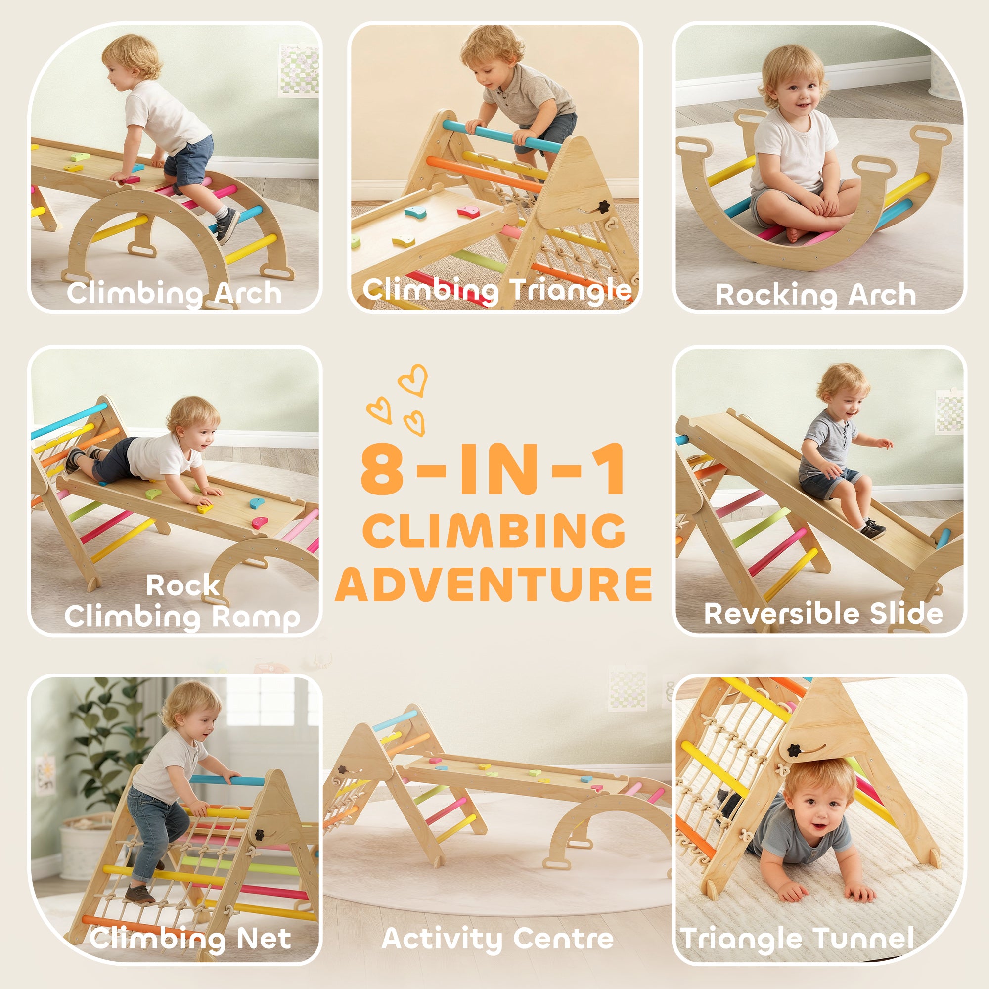 AIYAPLAY 8-in-1 Toddler Climbing Frame, Indoor Play Triangle Set with Slide, Arch and Triangle Ladder, Multicolour - anydaydirect