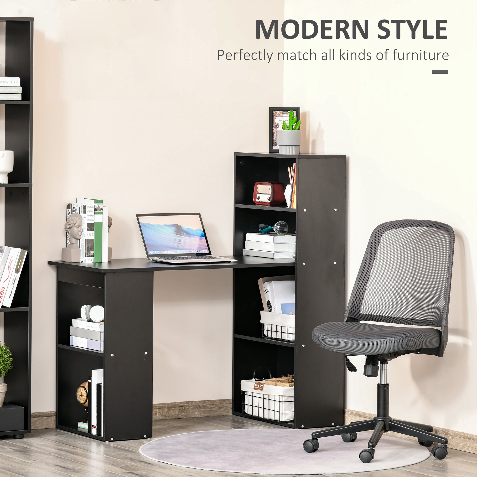 HOMCOM 120cm Modern Computer Desk Bookshelf Study Table Workstation PC Laptop Writing Home Office 6 Shelves, Black - anydaydirect