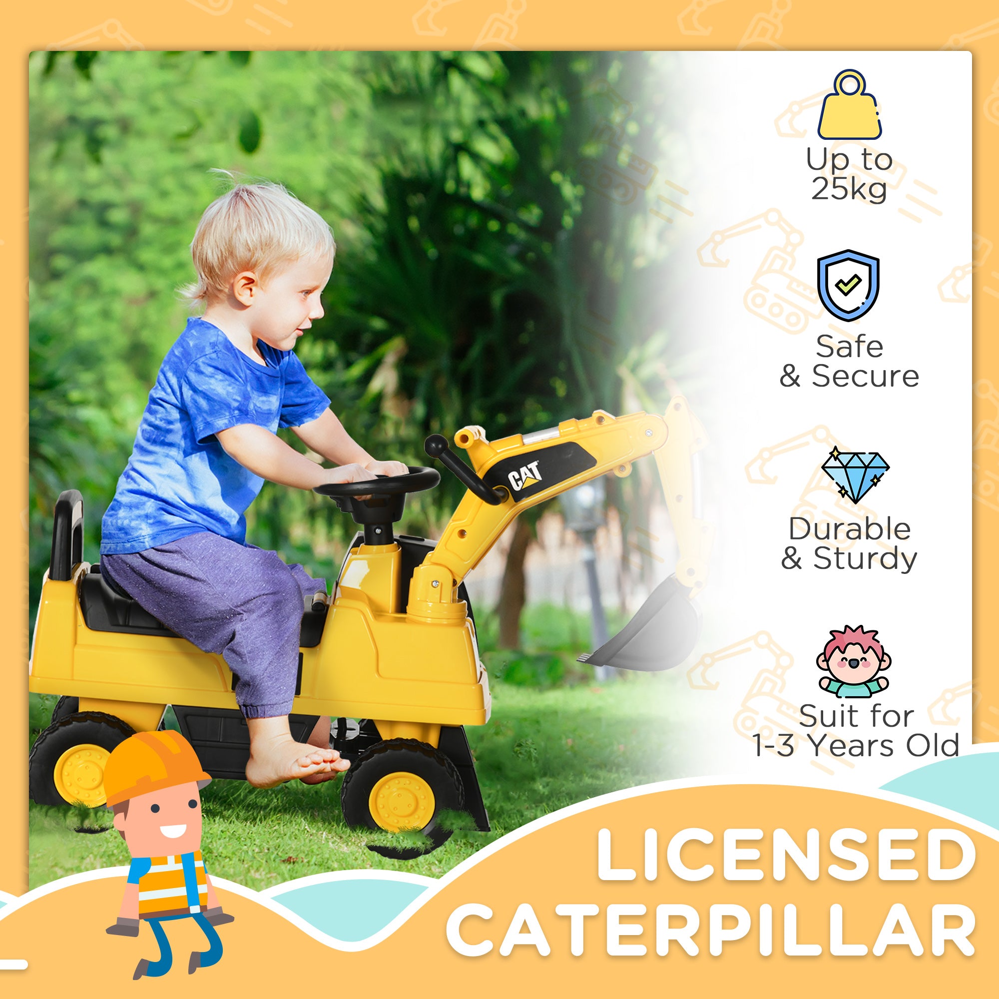 HOMCOM Licensed CAT Kids Ride on Digger Excavator with Manual Bucket, Toddler Pretend Construction Play Toy with Horn Under Seat Storage - anydaydirect