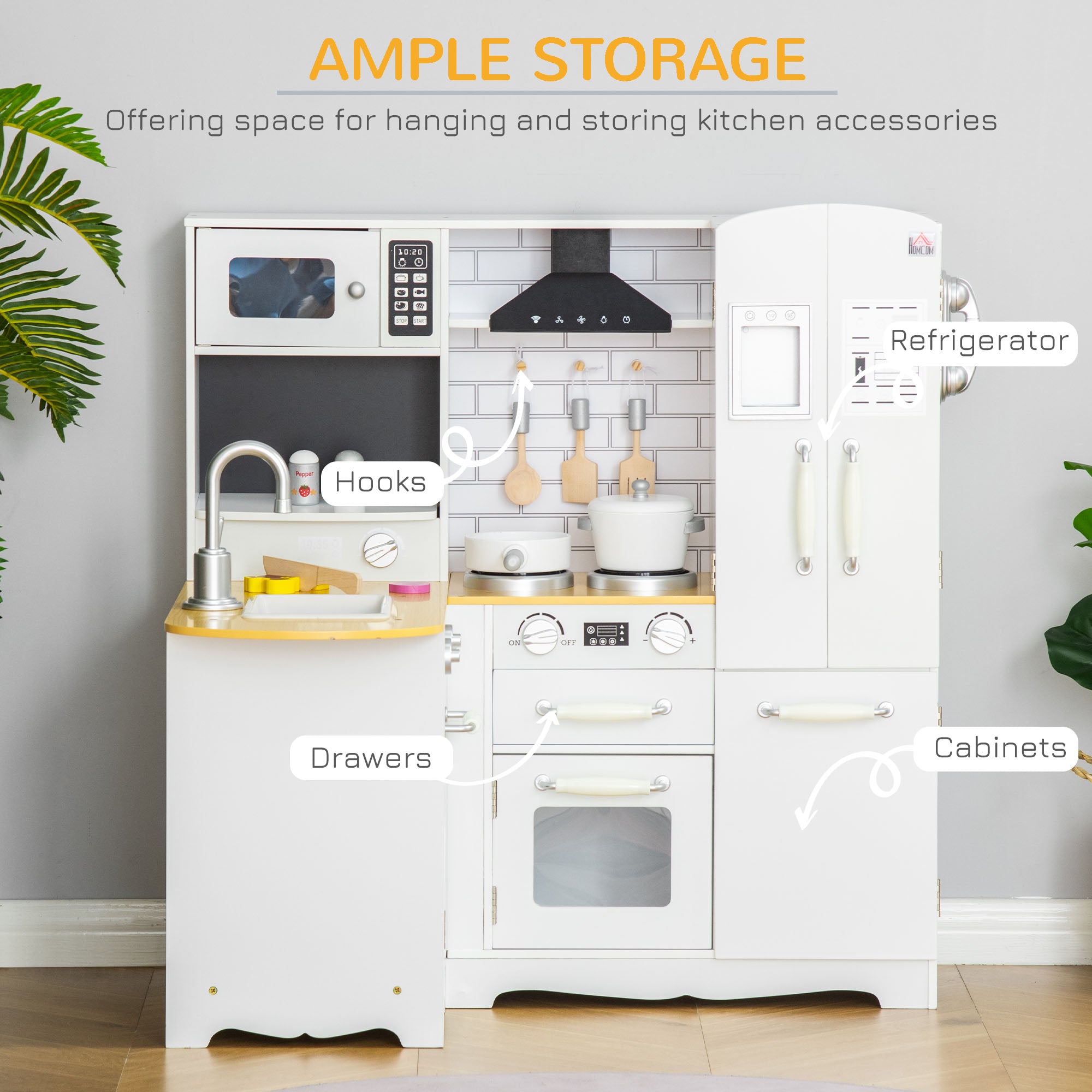 HOMCOM Kids Kitchen Playset, Large Pretend Role Play Kitchen, White - anydaydirect