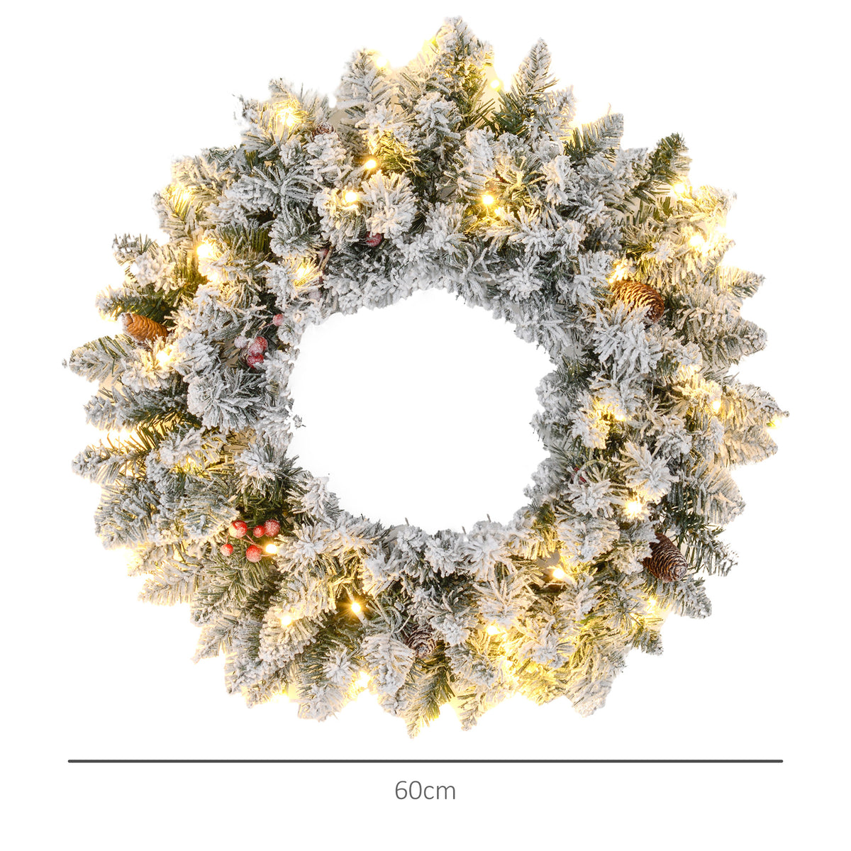 HOMCOM 60cm Pre-Lit Christmas Wreath for Front Door with LED Lights, Pine Cones and Red Berries, Flocked Winter Wreath for Windows, Wall Decoration, Green - anydaydirect