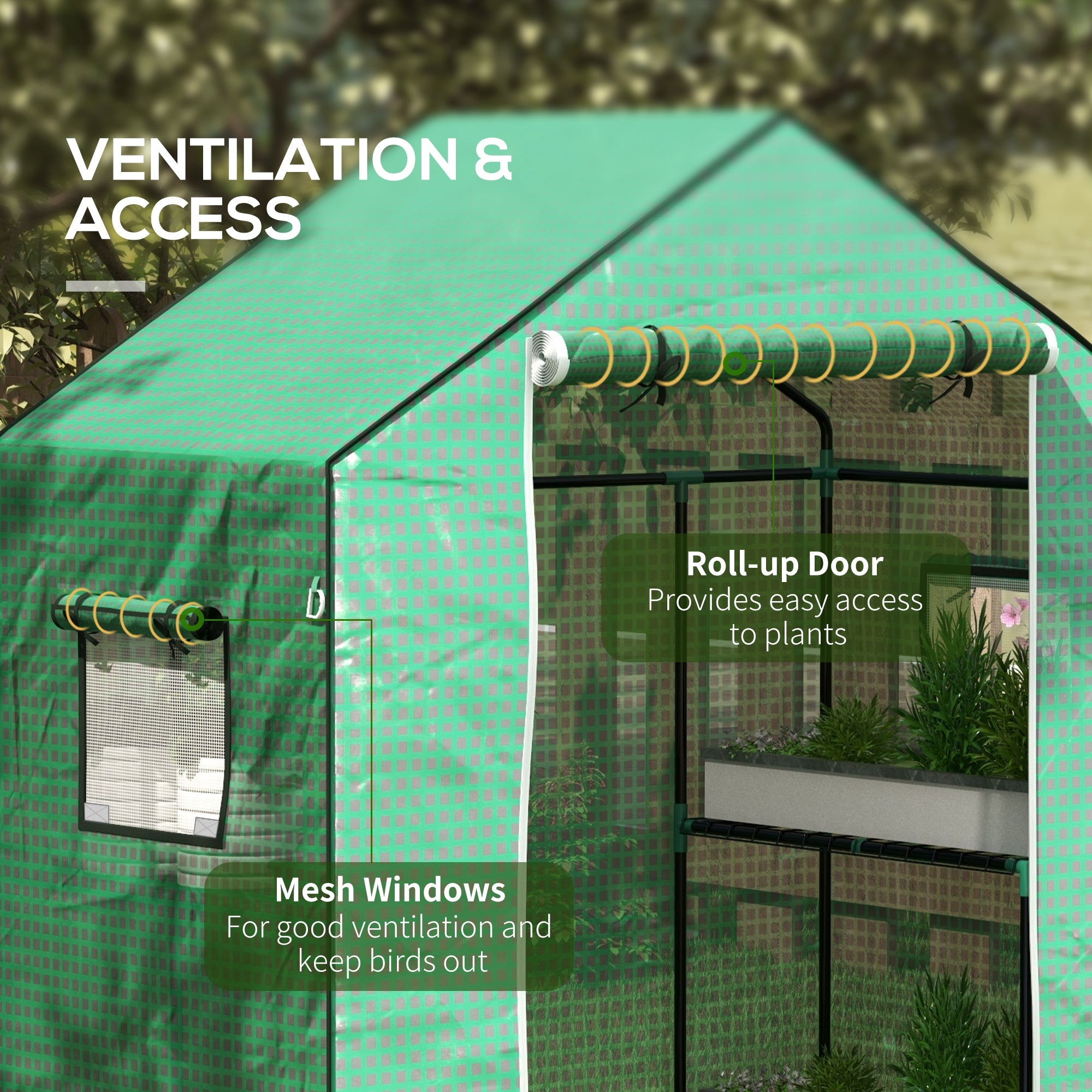 Outsunny Greenhouse Cover Replacement Walk-in PE Hot House Cover with Roll-up Door and Windows, 140 x 73 x 190cm, Green - anydaydirect