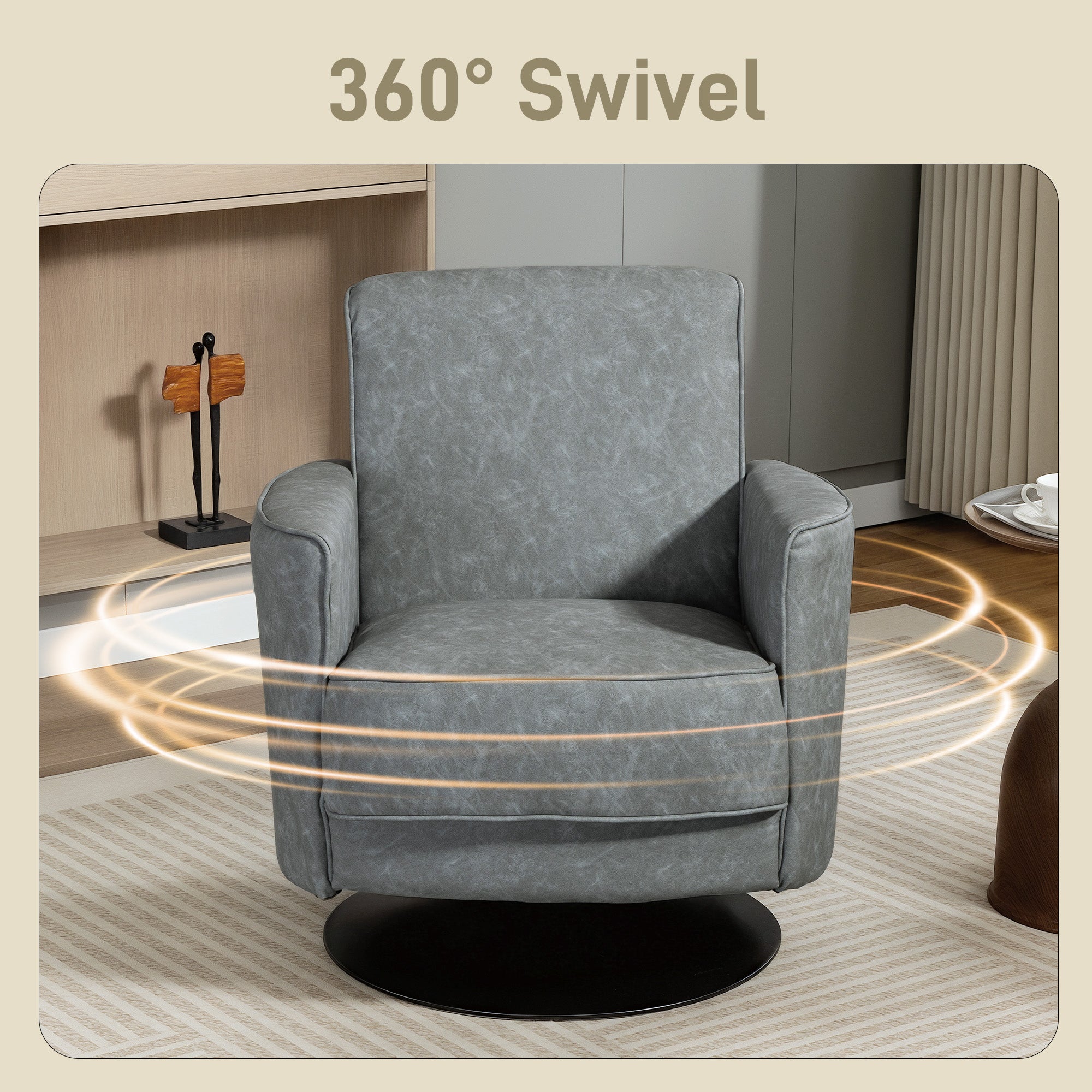HOMCOM Upholstered Swivel Accent Chair with Thick Padding, Grey - anydaydirect