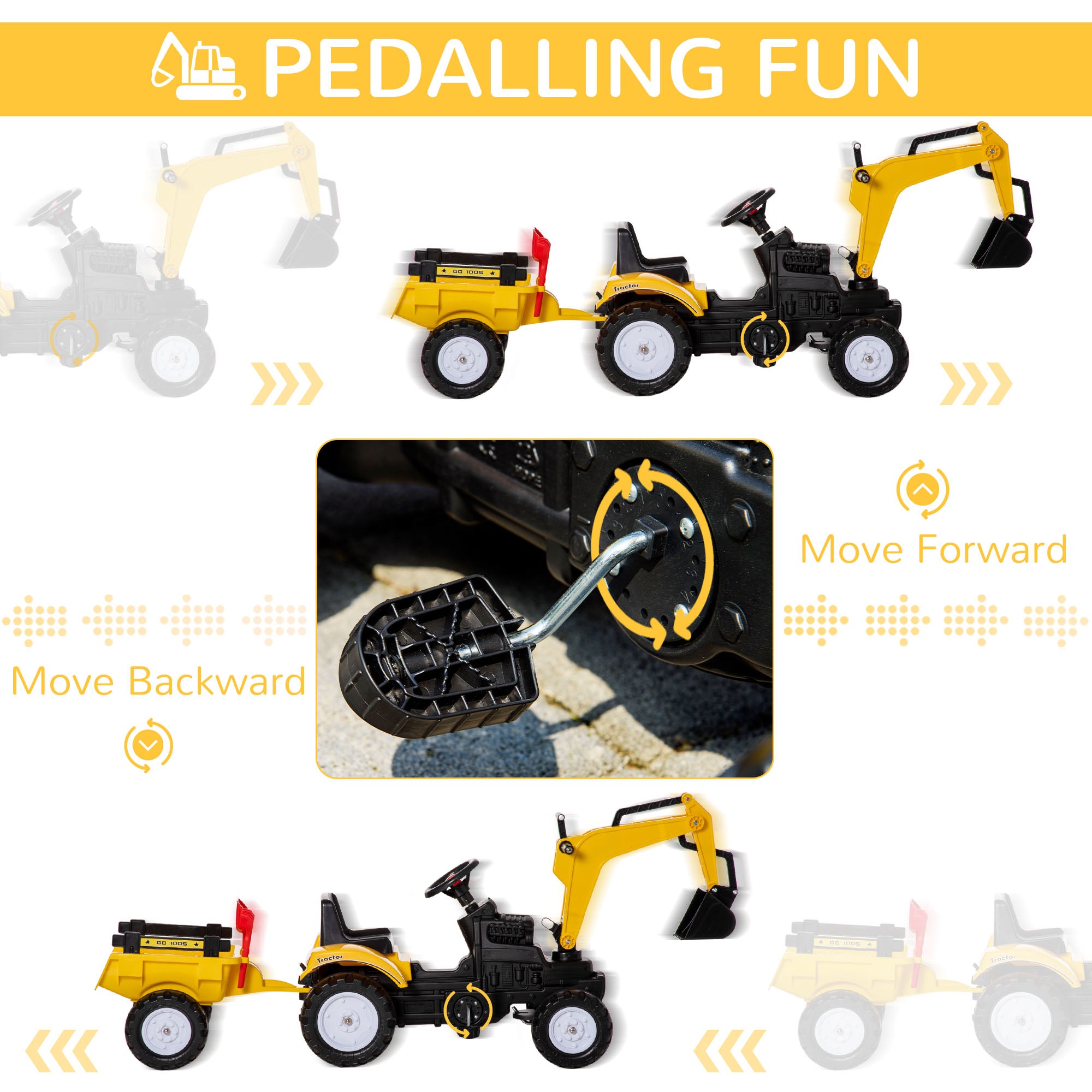 HOMCOM Ride-on Toy Pedal Digger Construction Car with Horn & Detachable Trailer, Yellow - anydaydirect