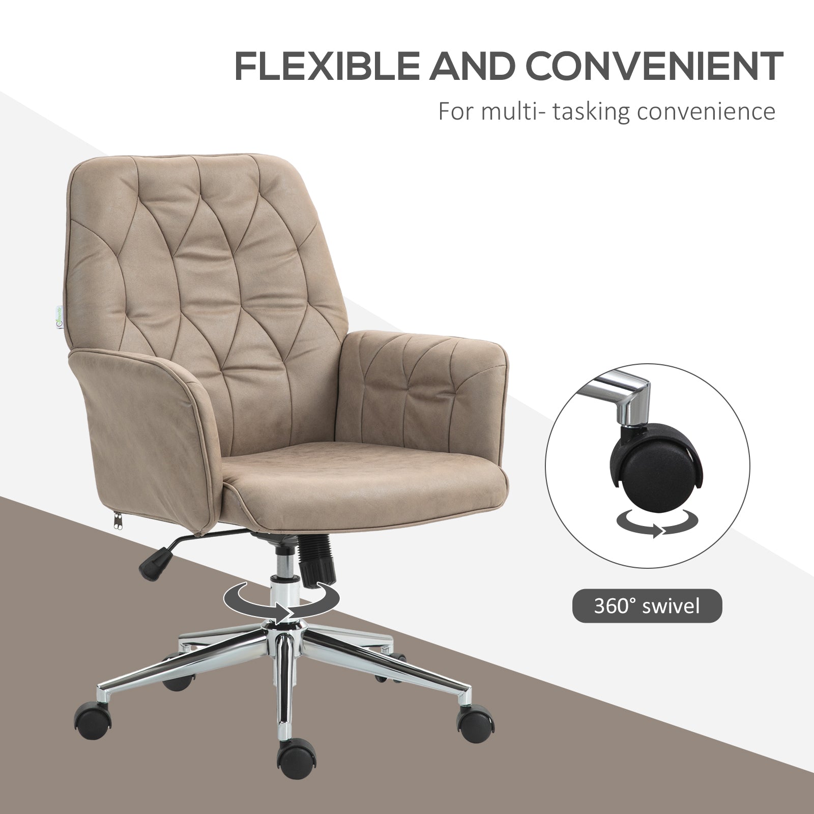 Vinsetto Microfibre Computer Chair with Armrest, Modern Swivel Chair with Adjustable Height, Khaki - anydaydirect
