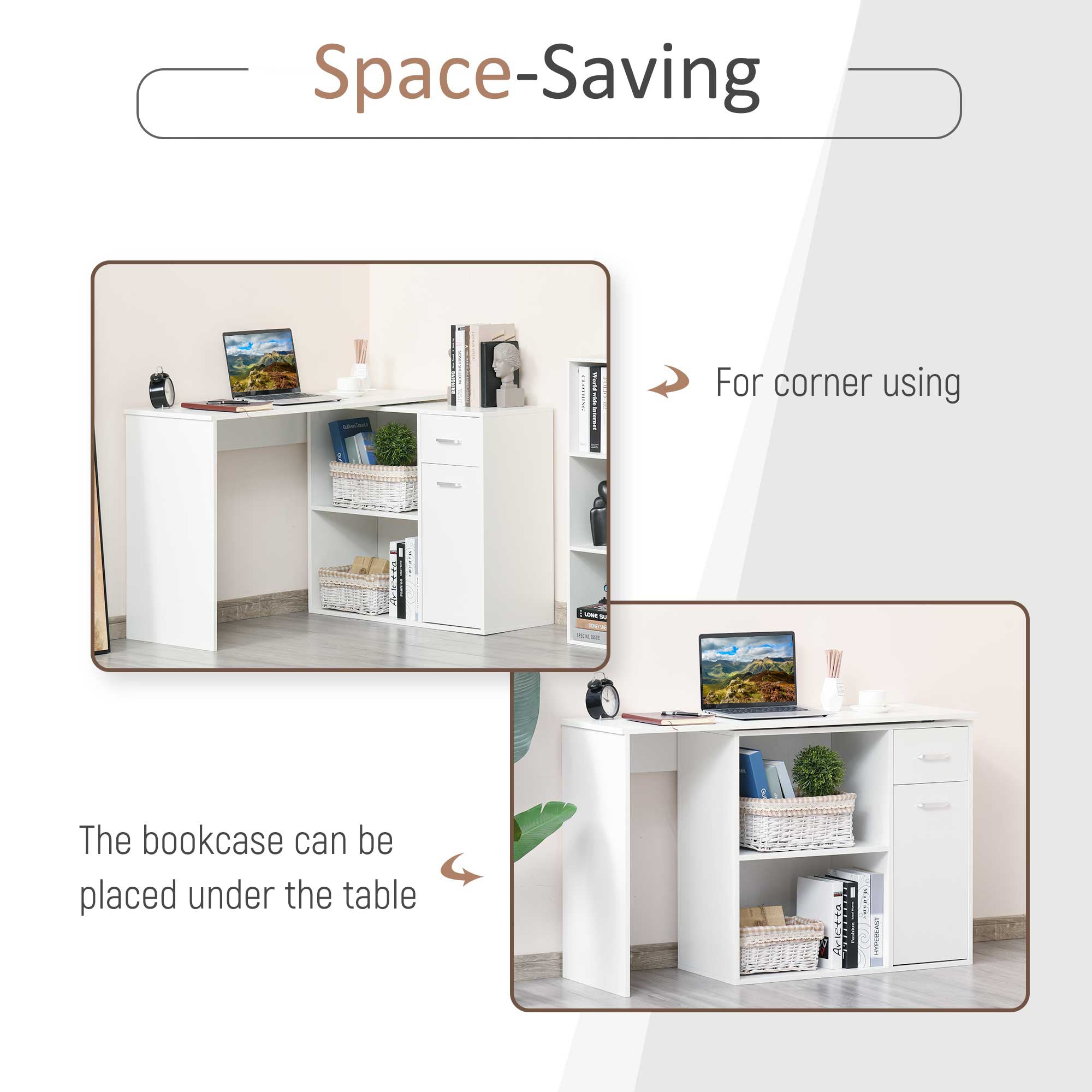 HOMCOM L-Shaped Desk, Corner Computer Desk, Adjustable Study Table with Storage Shelf, Drawer and Cabinet, Workstation for Home Office, White Wood Grain - anydaydirect