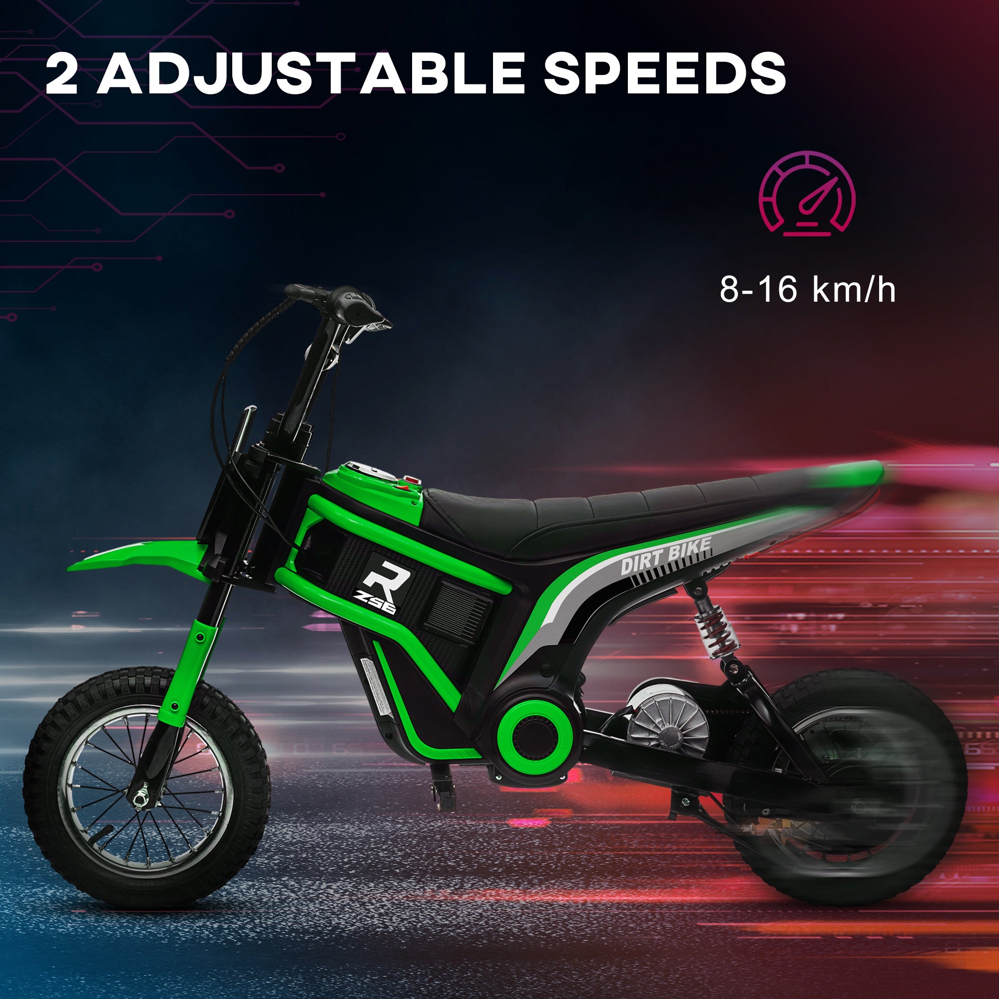 HOMCOM 24V Electric Motorbike, Dirt Bike with Twist Grip Throttle, Music Horn, 12" Pneumatic Tyres, 16 Km/h Max. Speed, Green - anydaydirect