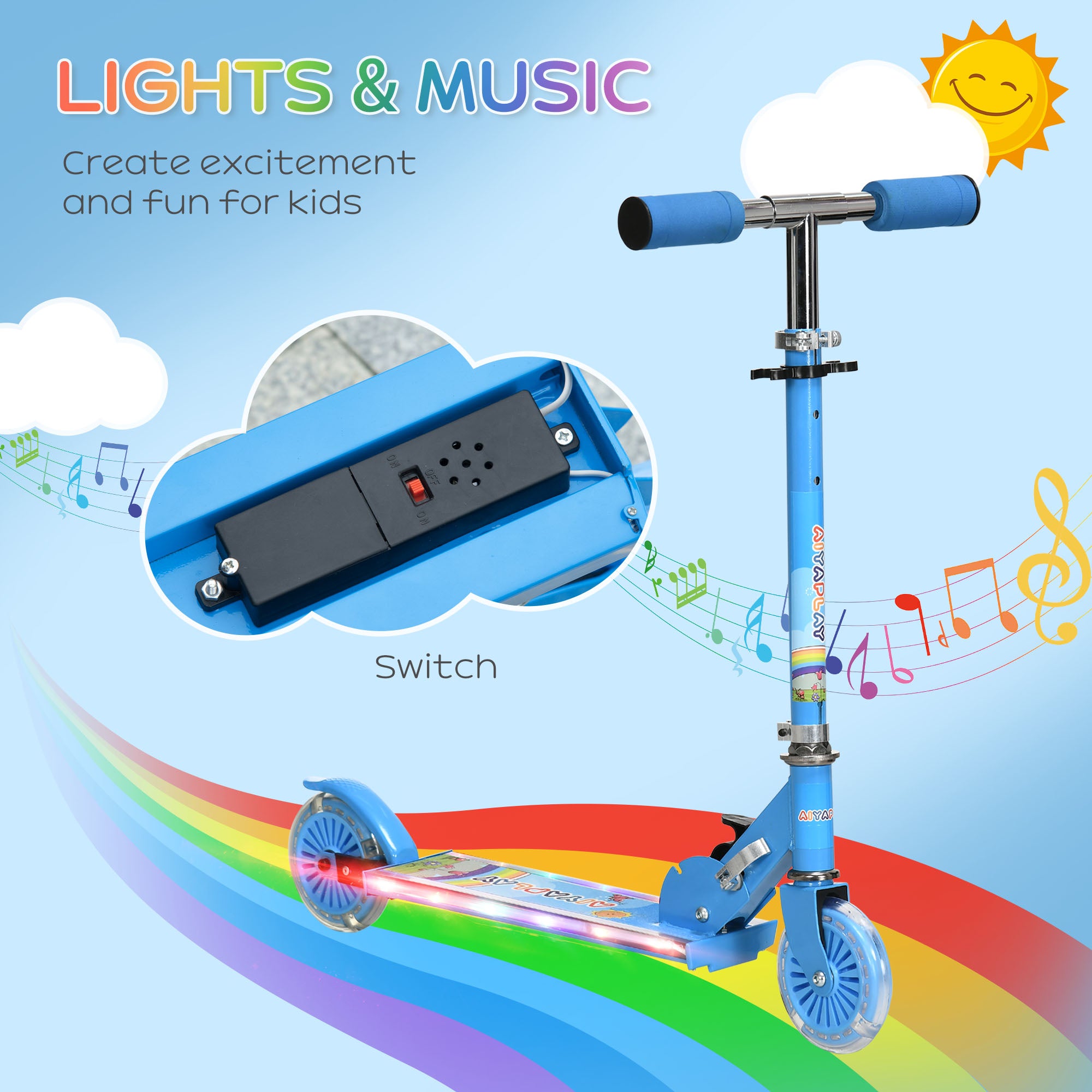 HOMCOM Kids Scooter with Lighting and Music Features, Adjustable Height, Foldable Design for Easy Storage, for 3-7 Years, Blue - anydaydirect