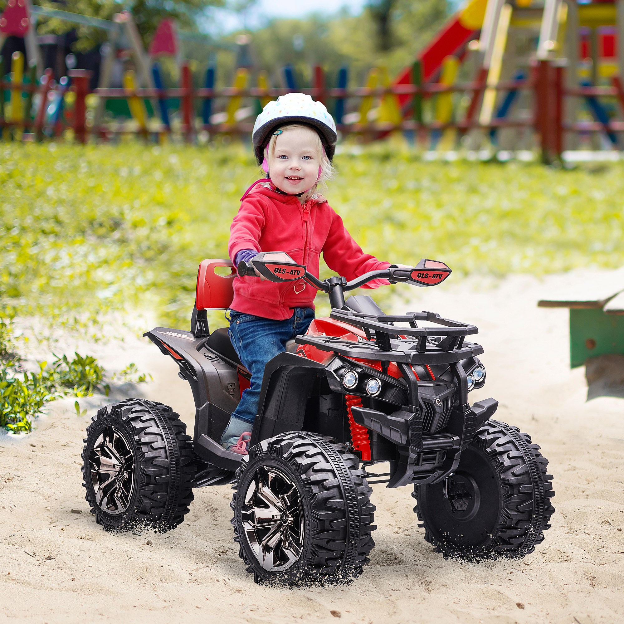HOMCOM 12V Quad Bike ATV with LED Lights, Music, Backrest, Forward, Backward, Red - anydaydirect