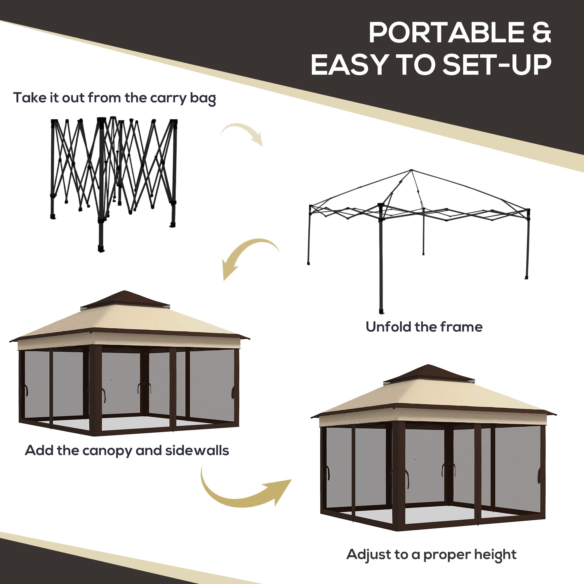 Outsunny 3 x 3(m) Pop Up Gazebo, Height Adjustable Instant Event Shelter with Netting and Carrying Bag, Beige - anydaydirect