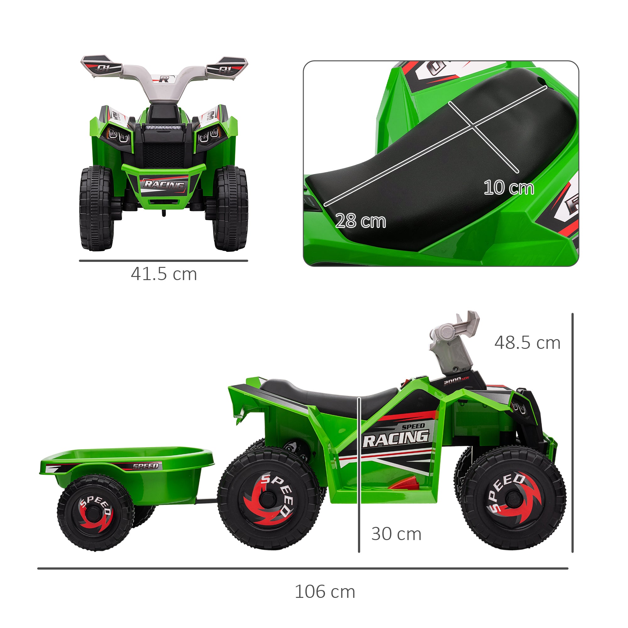 HOMCOM 6V Quad Bike with Back Trailer, Wear-Resistant Wheels, for Ages 18-36 Months, Green - anydaydirect