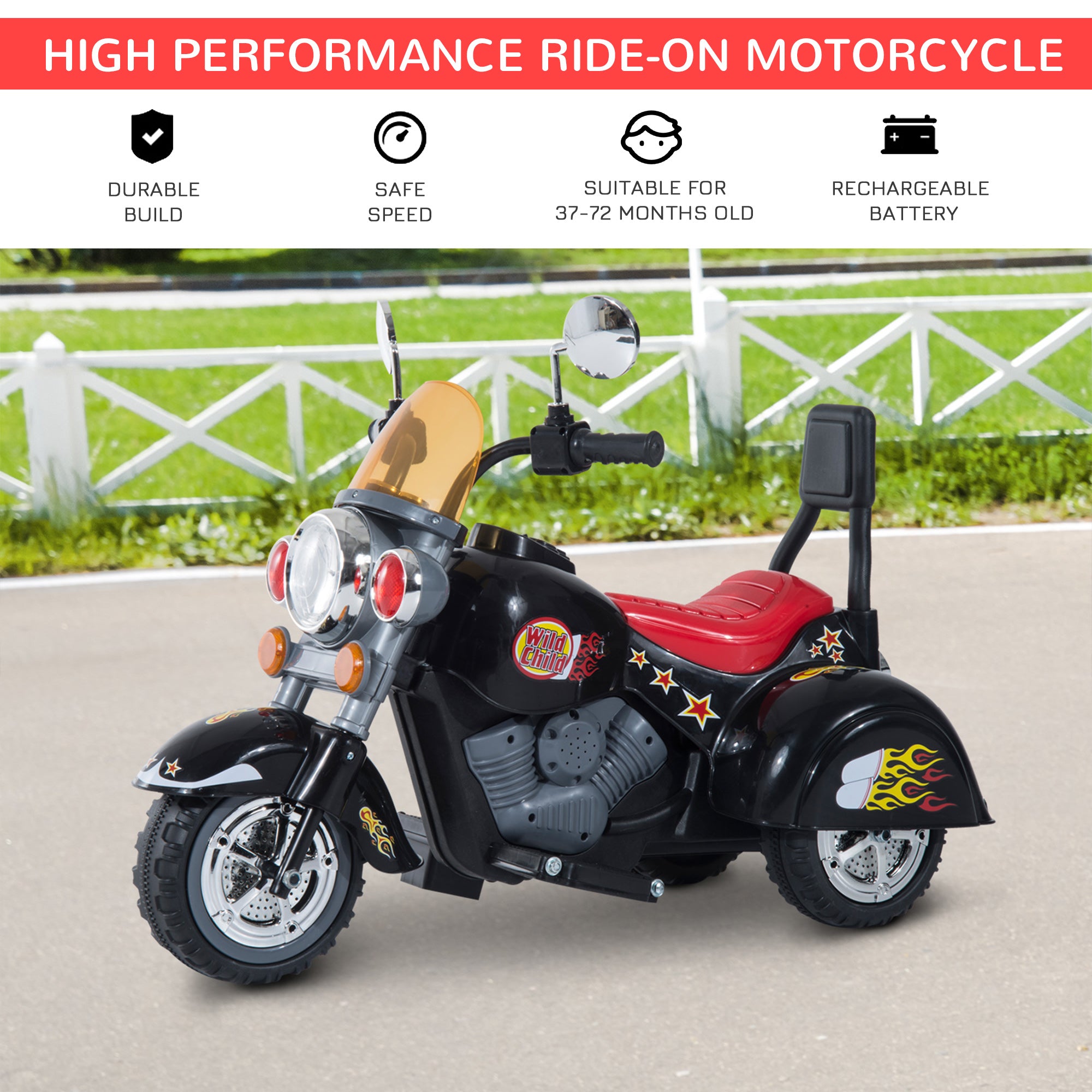 HOMCOM Electric Motorbike for Kids 6V Battery Powered Ride On Motorcycle with Lights and Sounds for 3-6 Years, Black - anydaydirect