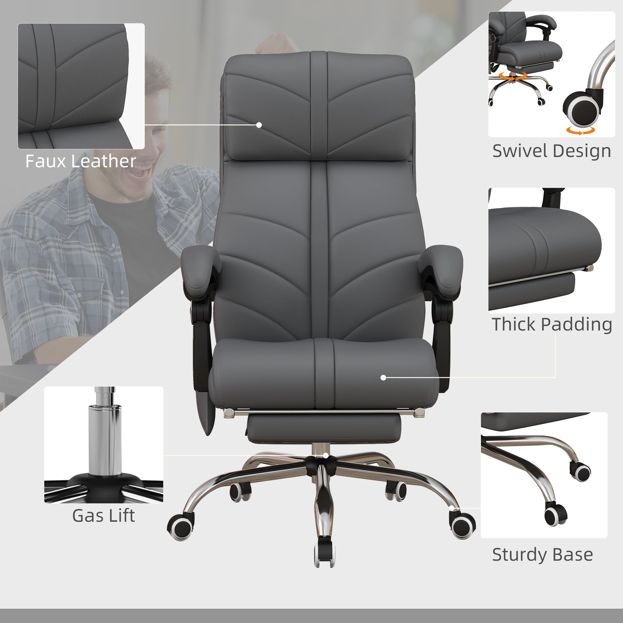 Vinsetto High Back Vibration Massage Office Chair, Heated Reclining PU Leather Computer Chair with Footrest, Grey - anydaydirect