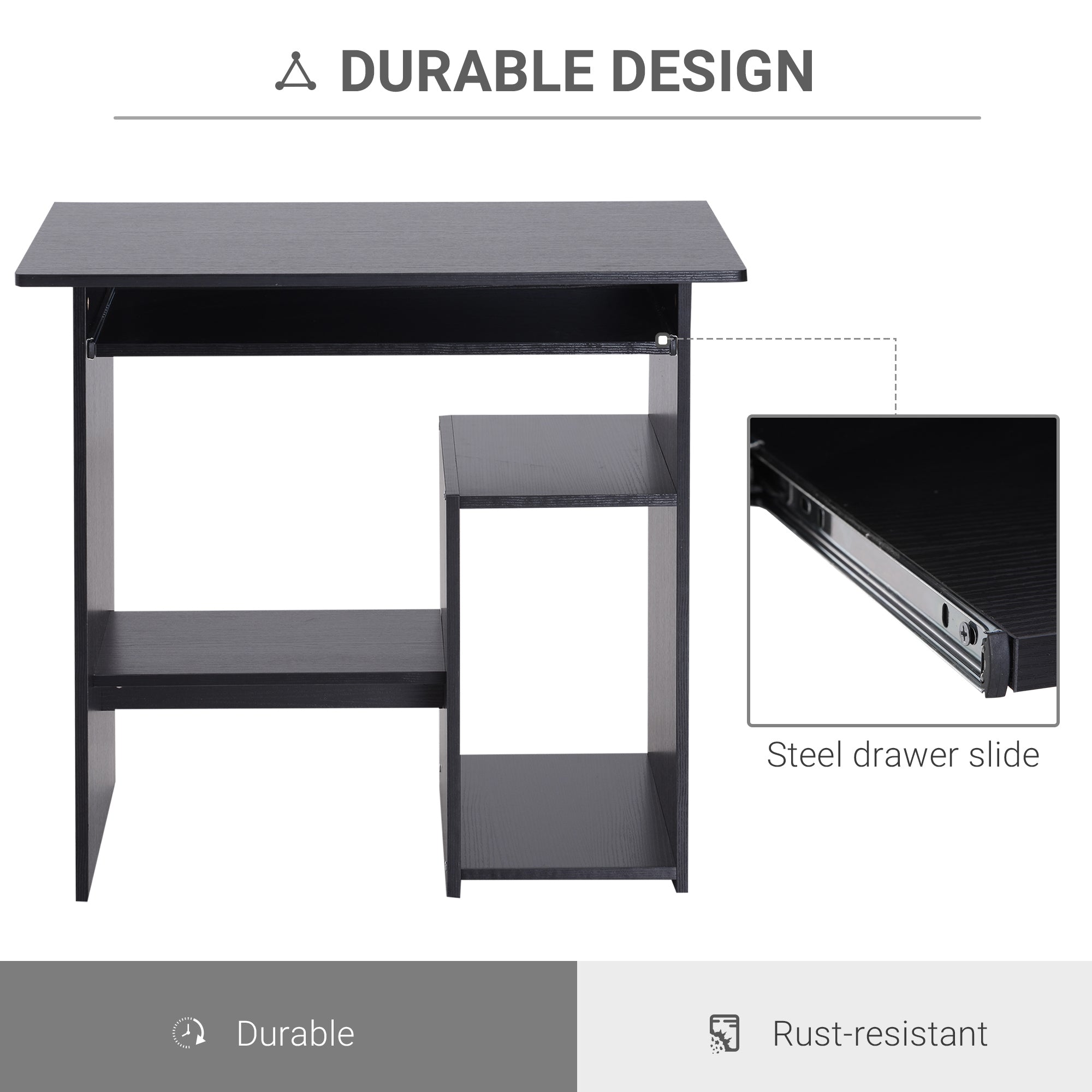 HOMCOM Compact Small Computer Table Wooden Desk Keyboard Tray Storage Shelf Modern Corner Table Home Office Black - anydaydirect
