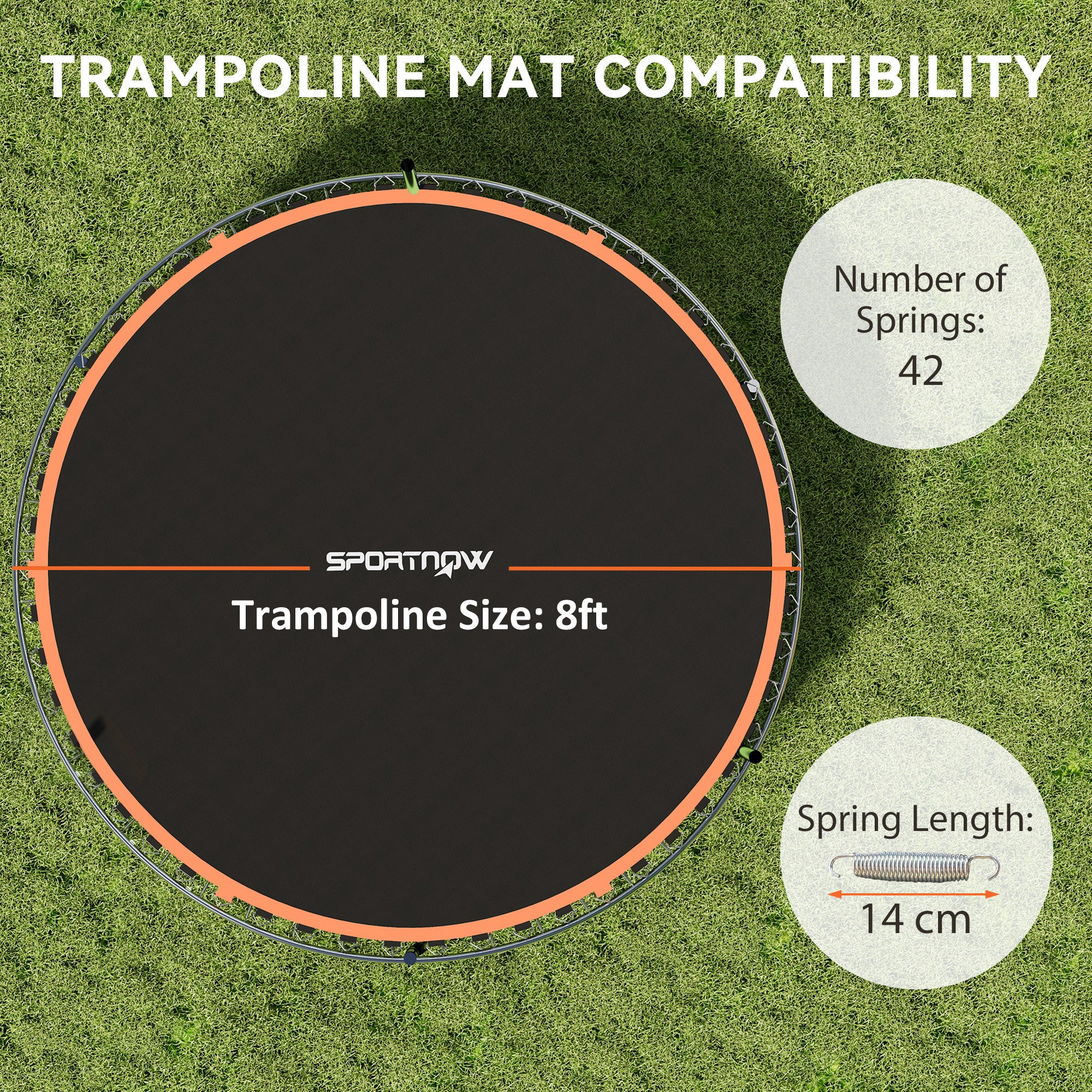 SPORTNOW Trampoline Replacement Mat with Spring Pull Tool, 42 V-Hooks, for 8ft Trampoline using 14cm Springs, Orange - anydaydirect