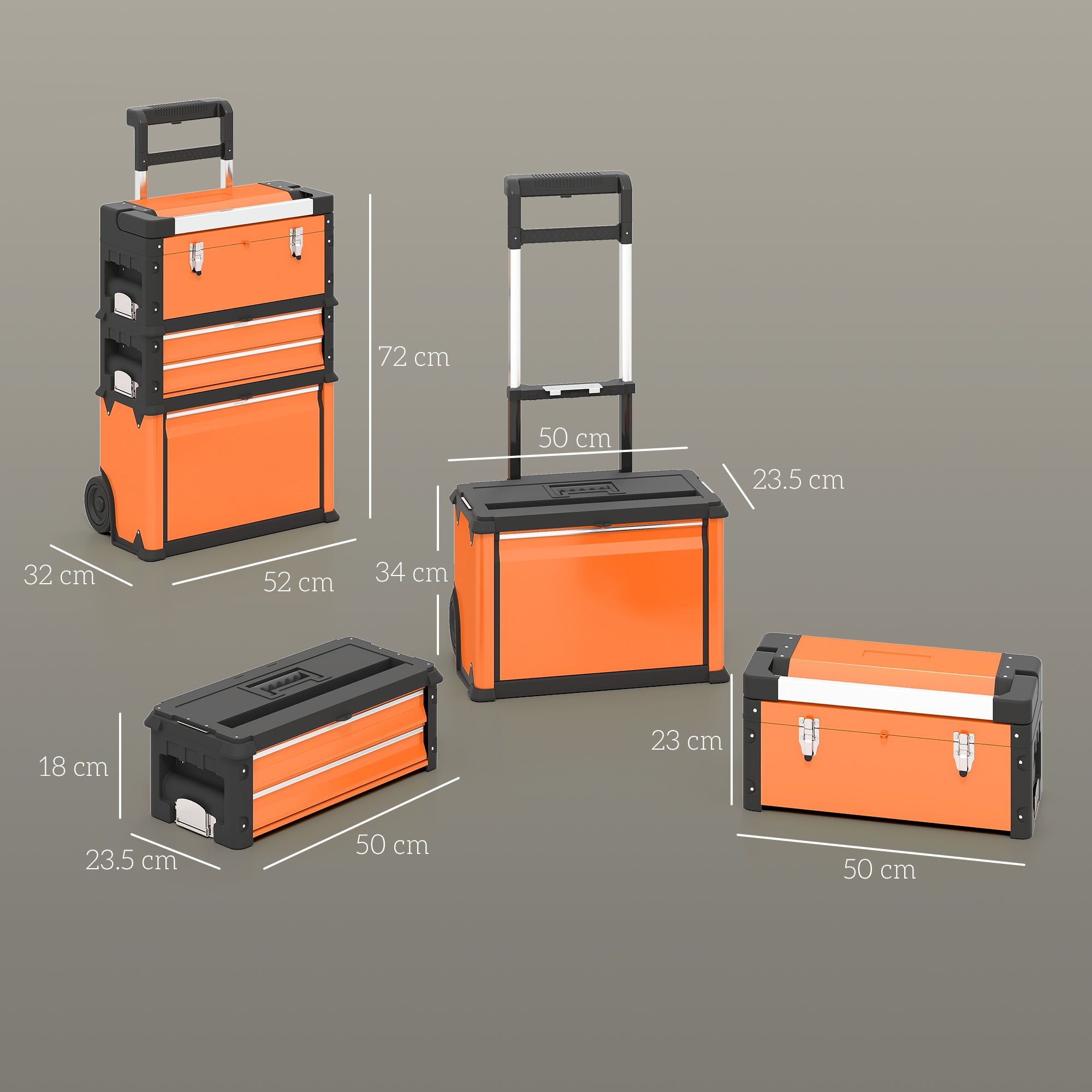 HOMCOM 3-in-1 Stackable Rolling Tool Box - Orange - anydaydirect