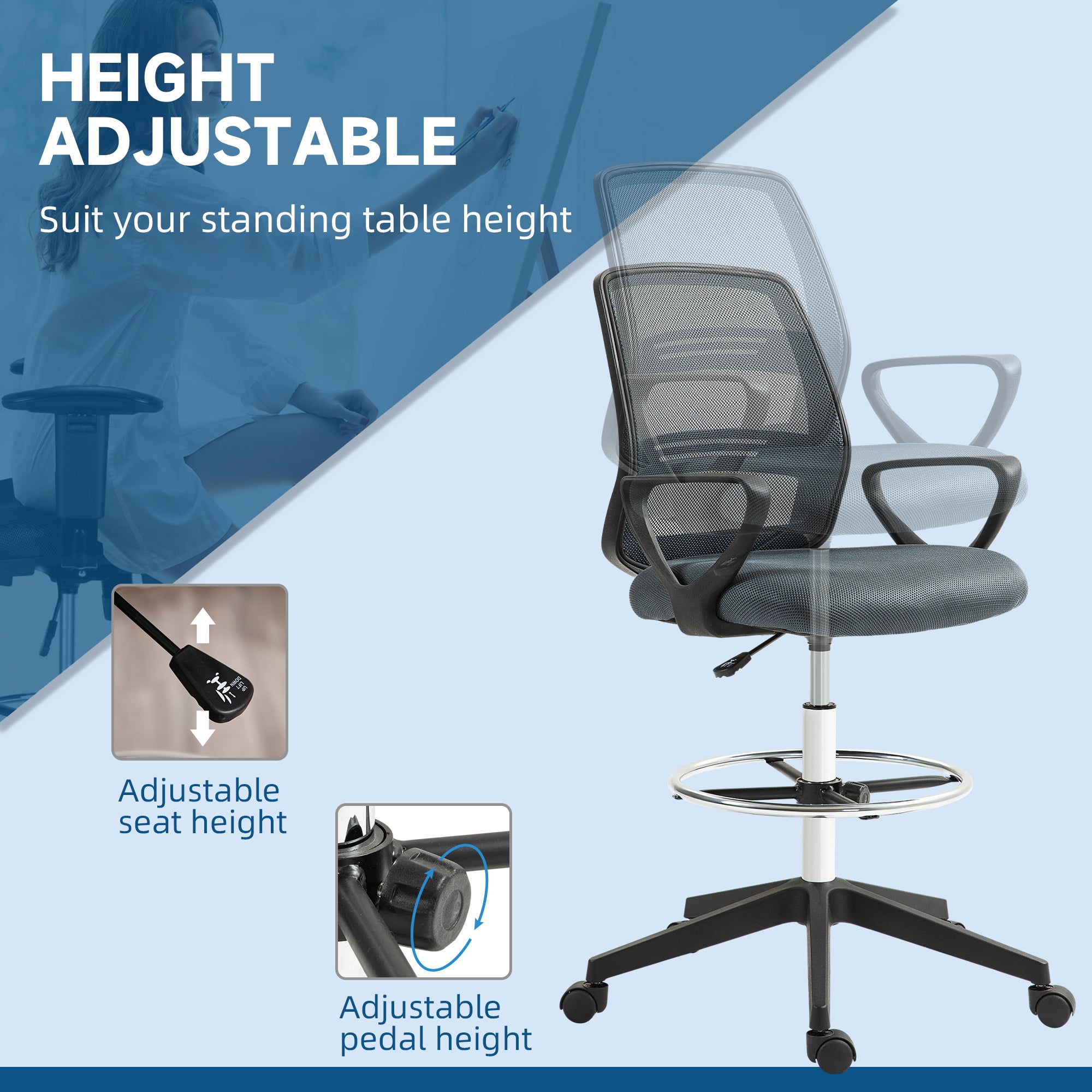 Vinsetto Ergonomic Mesh Back Drafting Chair Draughtsman Chair with Adjustable Height, Grey - anydaydirect