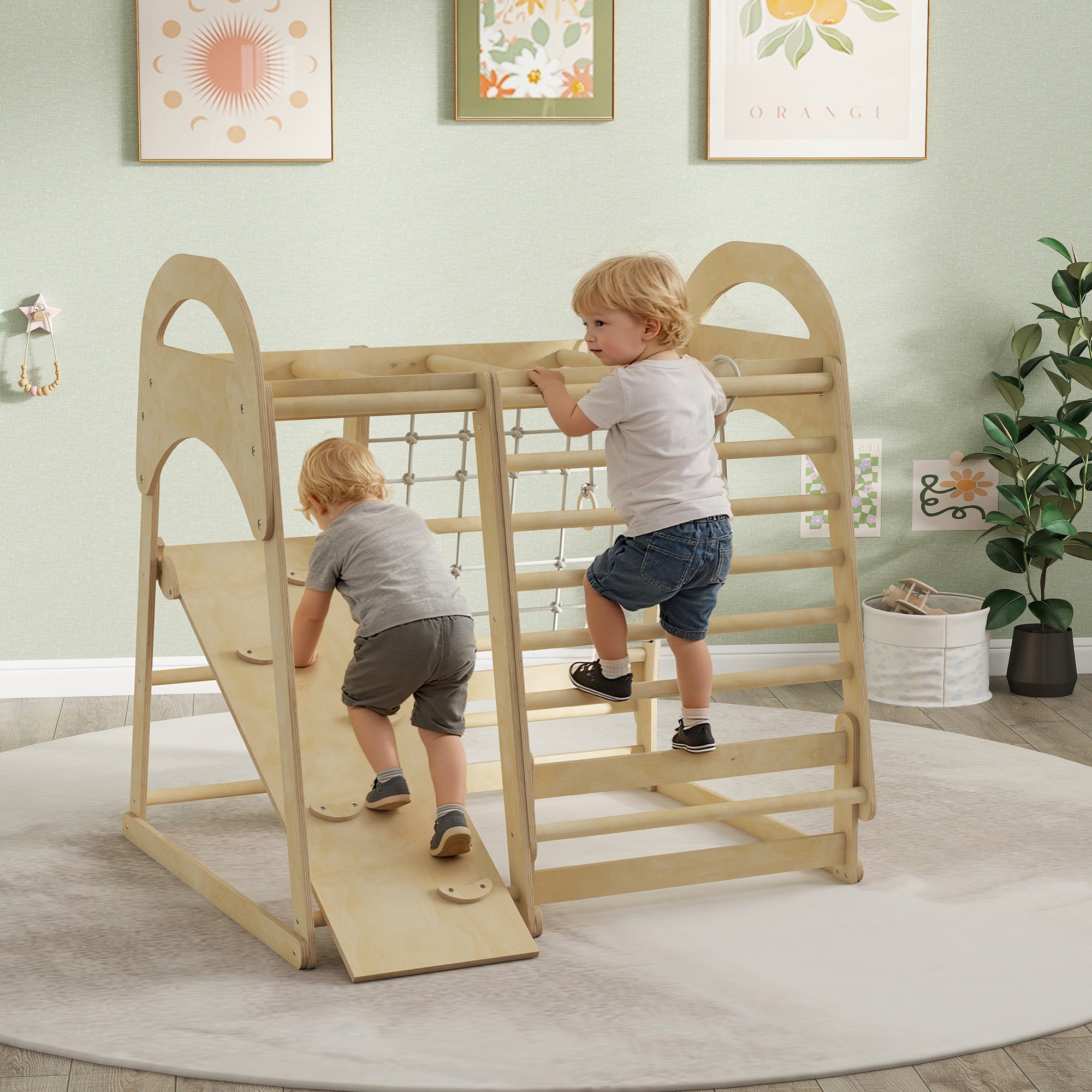 AIYAPLAY 6 in 1 Kids Climbing Frame with Slide, Monkey Bars, Gymnastics Rings, Ladder, Climbing Net, for 3-6 Years, Natural Tone - anydaydirect