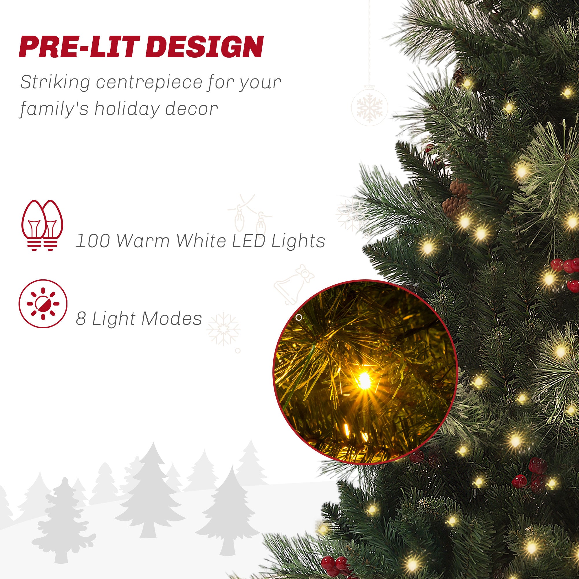 HOMCOM 1.2m/4ft Artificial Christmas Tree with 100 Warm White LED Lights and 8 Modes, Small Xmas Tree with Red Berries, Pine Cones and Retro Base, Green - anydaydirect