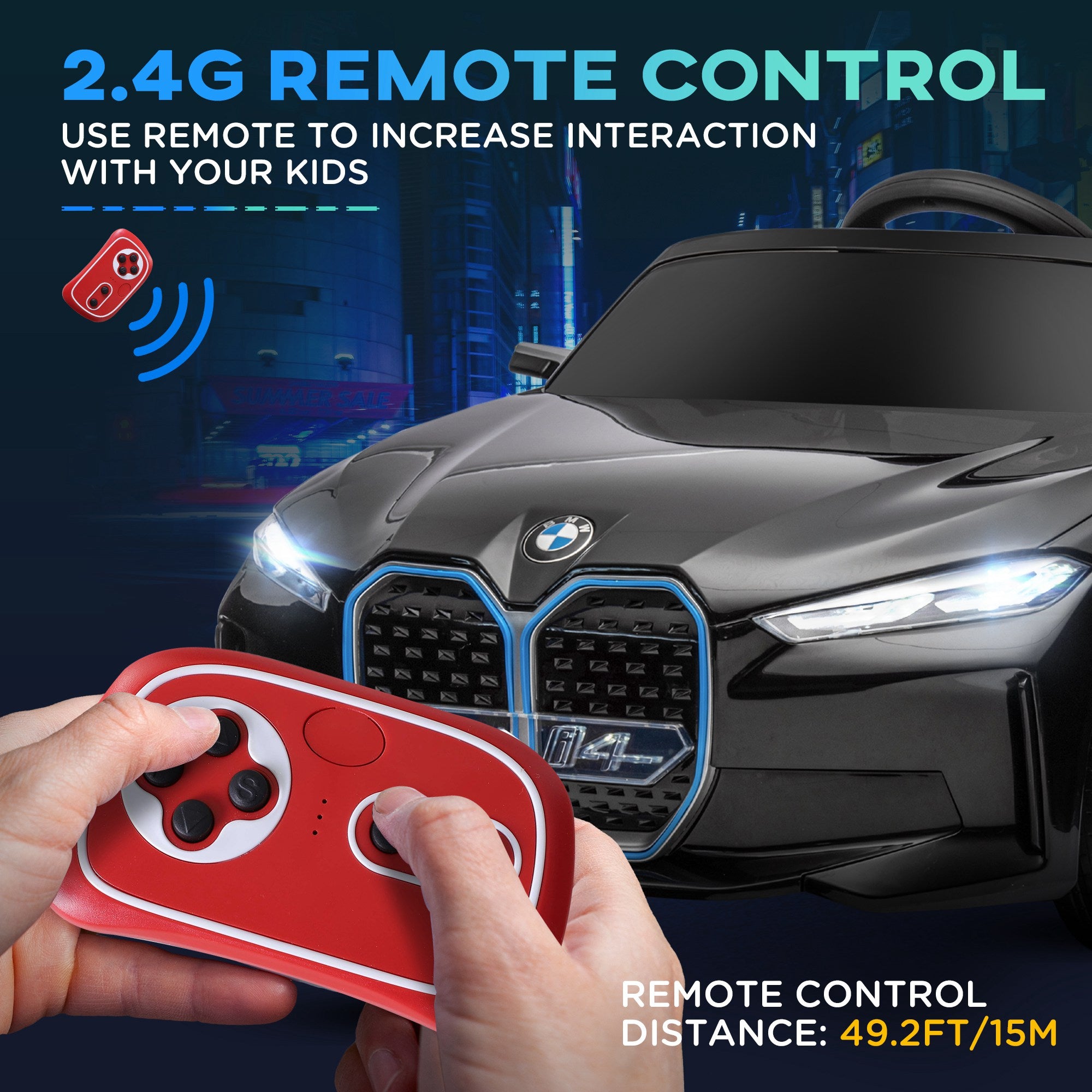 Kids Electric Ride on Car HOMCOM BMW i4 Licensed 12V Powered Electric Car w/ Remote Control, Portable Battery, Music, Horn, Headlights - anydaydirect