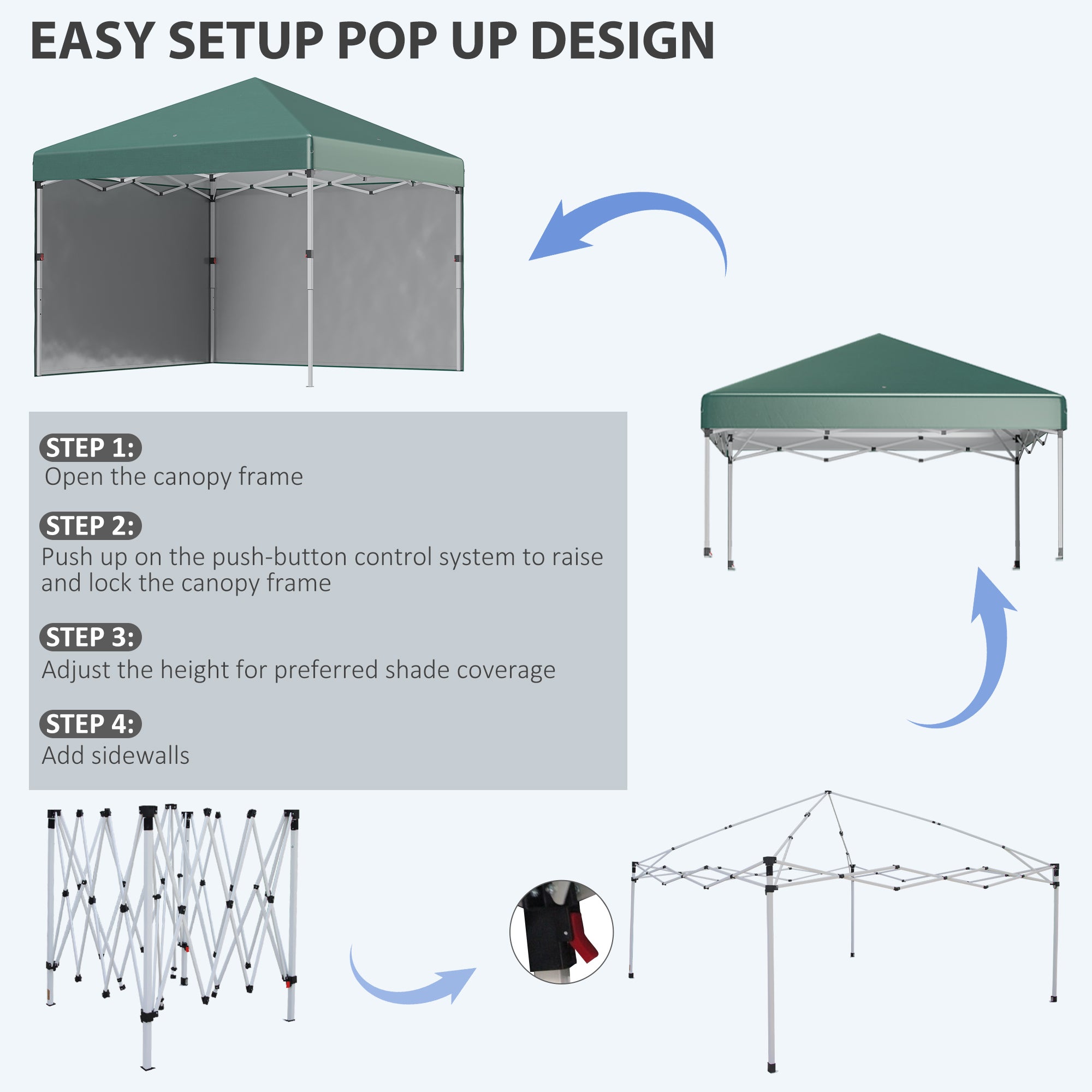Outsunny 3 x 3 (M) Pop Up Gazebo, UPF 30+ with 2 Sidewalls, Leg Weight Bags and Wheeled Bag, Height Adjustable Party Tent Event Shelter for Garden, Patio, Green - anydaydirect