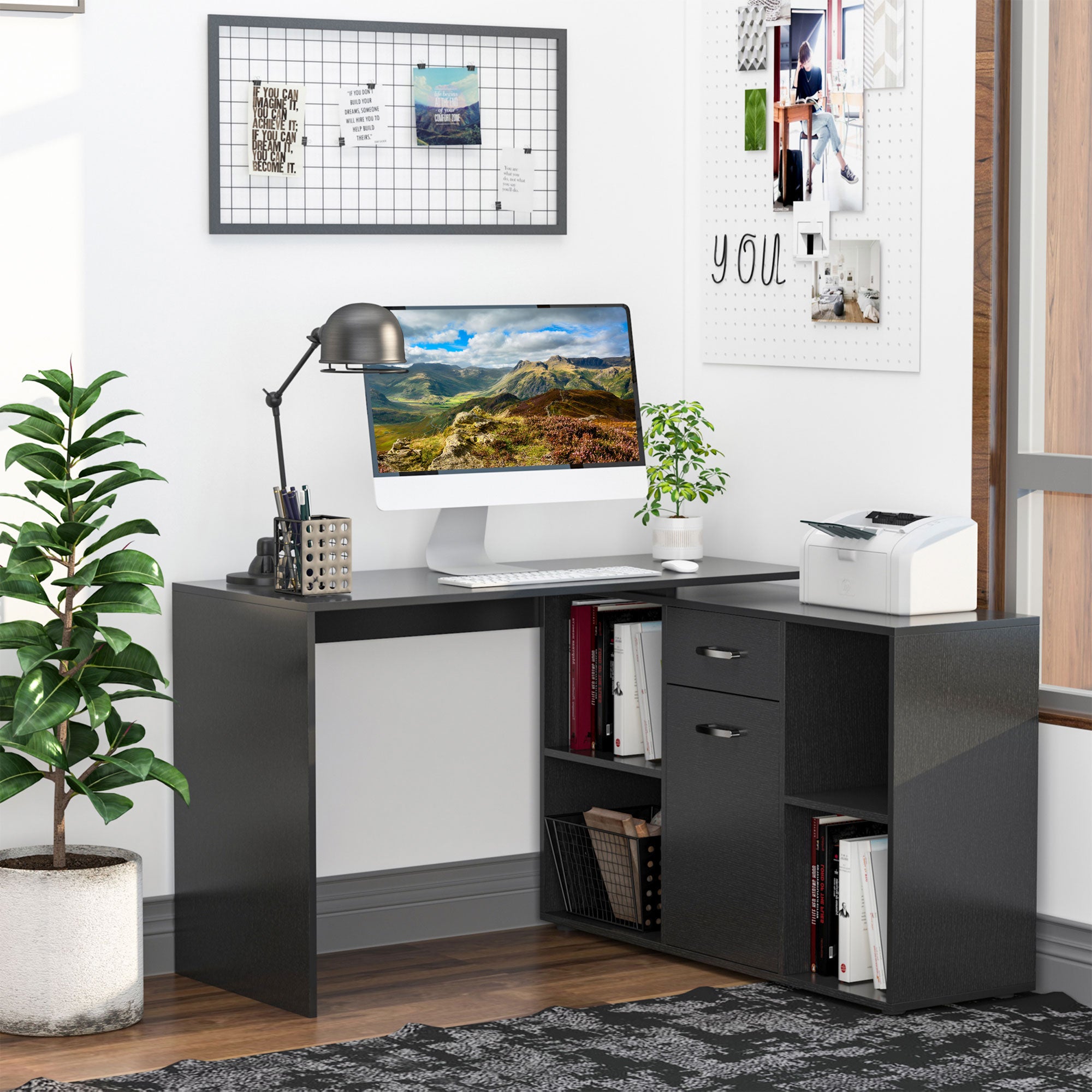 HOMCOM L-Shaped Computer Desk with Storage Compartments, Drawer and Cabinet, Laptop PC Corner Table, Home Office Workstation, 120 x 115 x 76cm, Black - anydaydirect