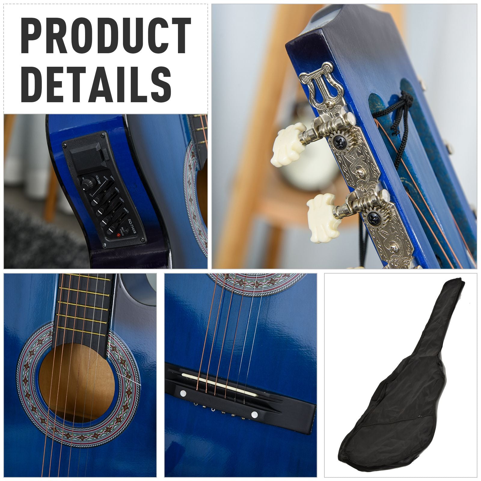 HOMCOM 38 Inch Full Size Blue Classical Acoustic Electric Guitar Kids Guitar and Junior Guitar Premium Gloss Finish w/Case - Blue - anydaydirect