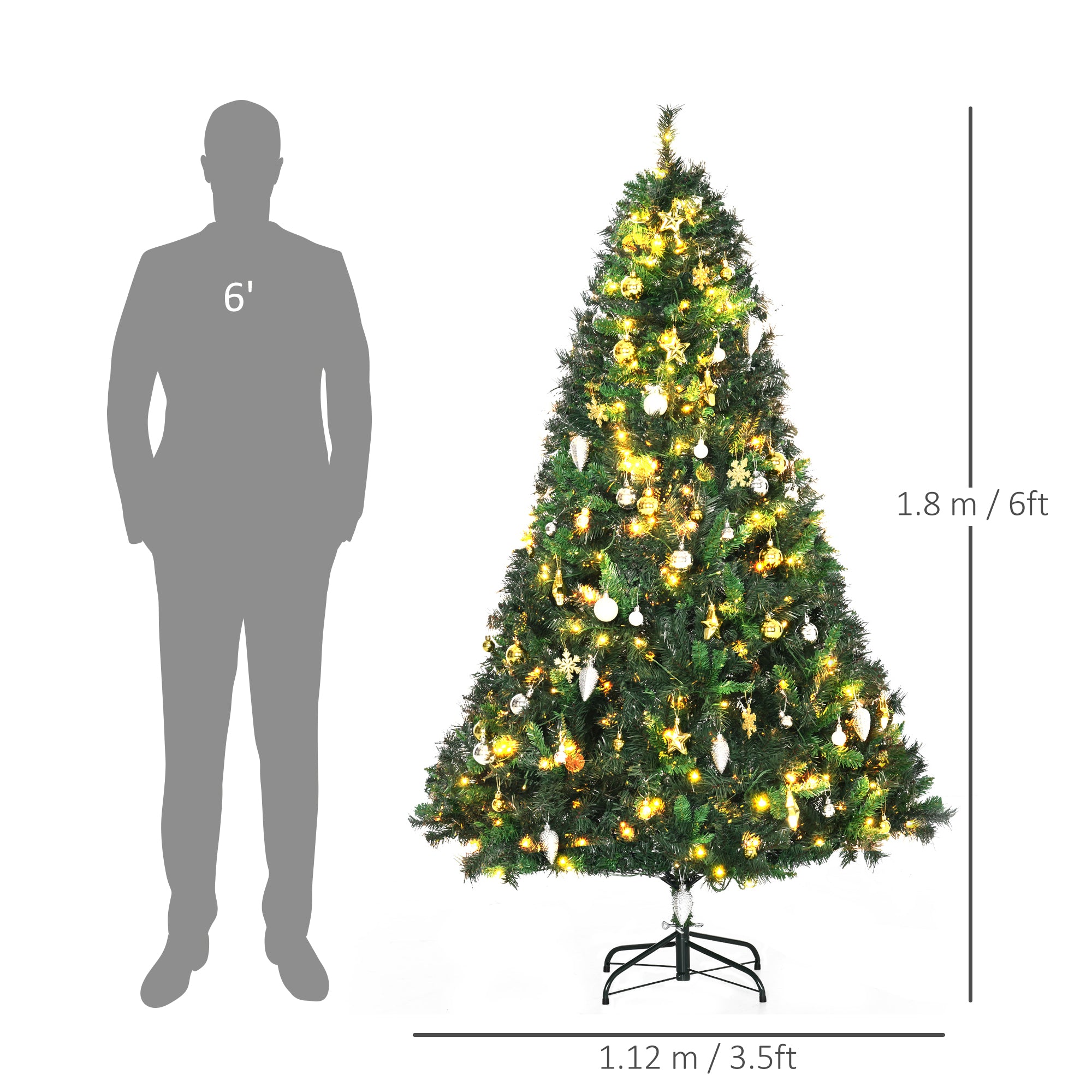HOMCOM 1.8m 6ft Pre Lit Christmas Tree 200 LED Xmas Tree Holiday Décor with Decorative Balls Ornament Metal Stand - anydaydirect