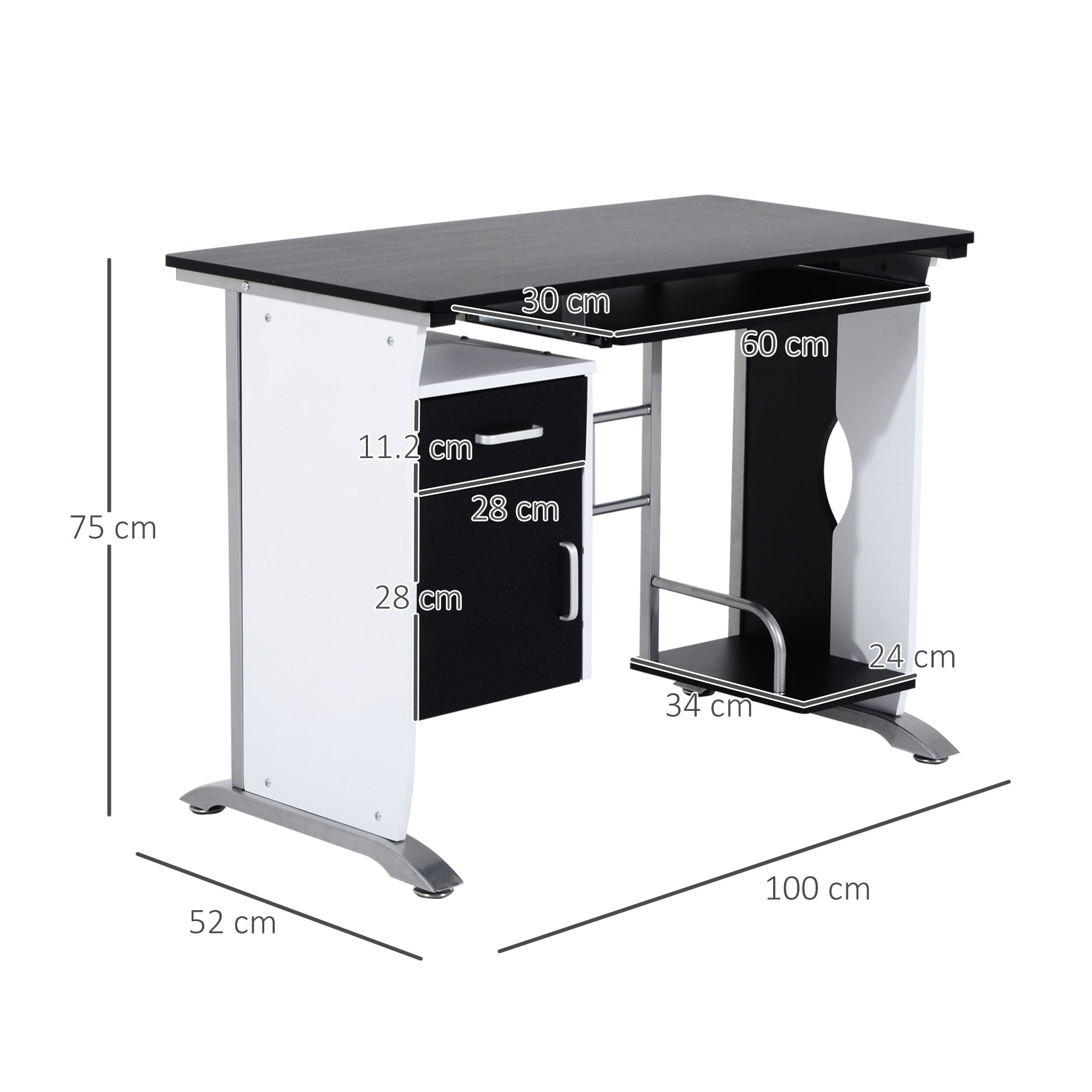 HOMCOM Computer Desk with Sliding Keyboard Tray, Storage Drawers and Host Box Shelf, Home Office Desk, Study Workstation, 100 x 52 x 75cm, Black - anydaydirect