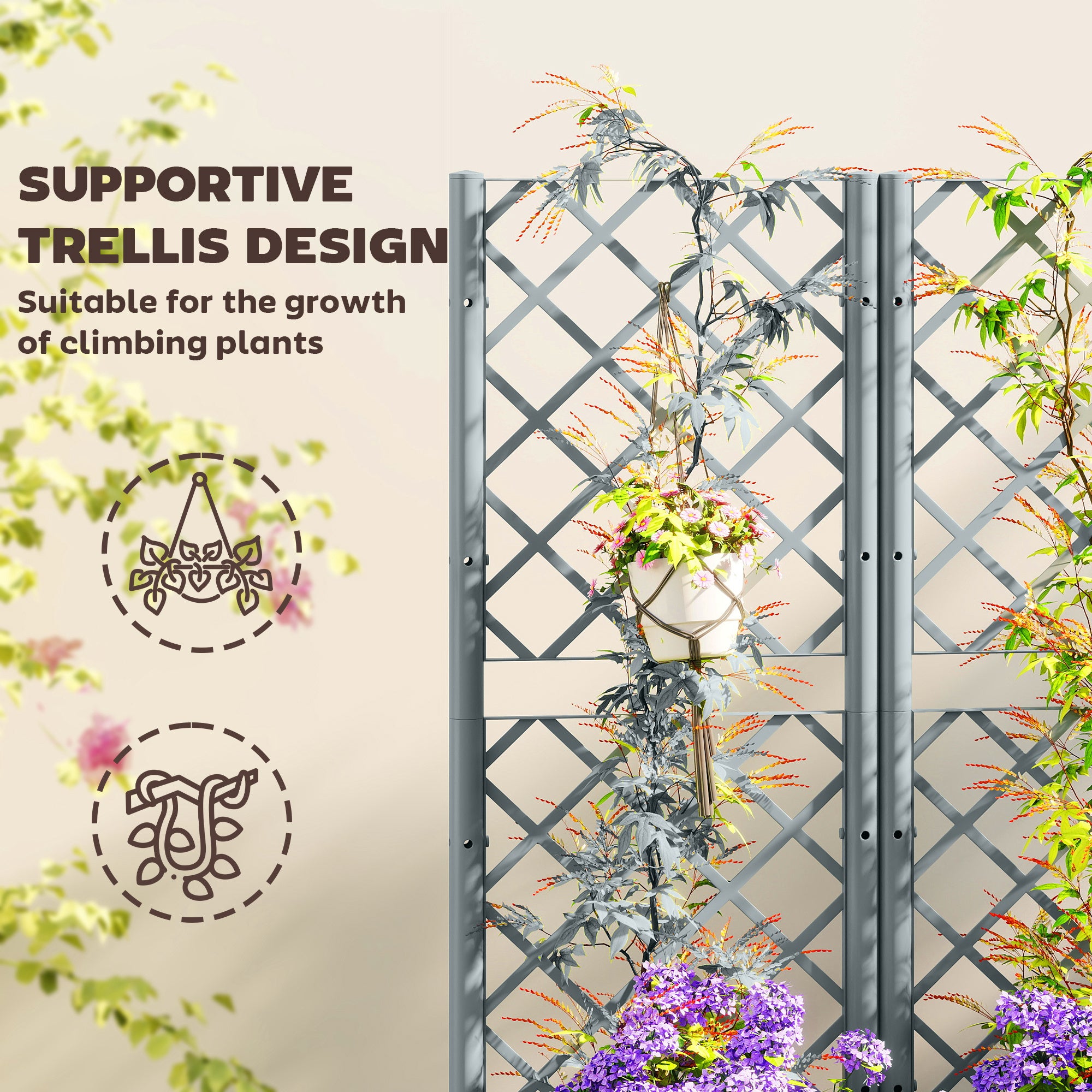 Outsunny Raised Garden Bed with Trellis, Plastic Planter Box with Drainage Holes, Drain Plugs and Water Reservoirs for Climbing Plants, Vegetables, Flowers, Grey - anydaydirect