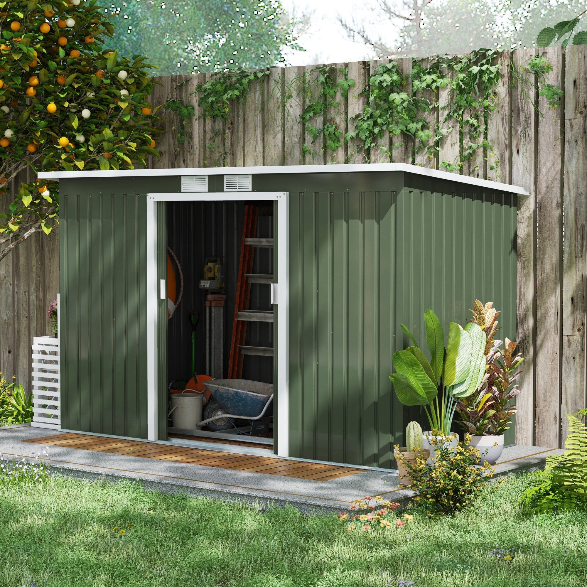 Outsunny 9 x 4.5 ft Pent Roof Metal Garden Storage Shed Corrugated Steel Tool Box with Foundation Ventilation & Doors, Light Green - anydaydirect