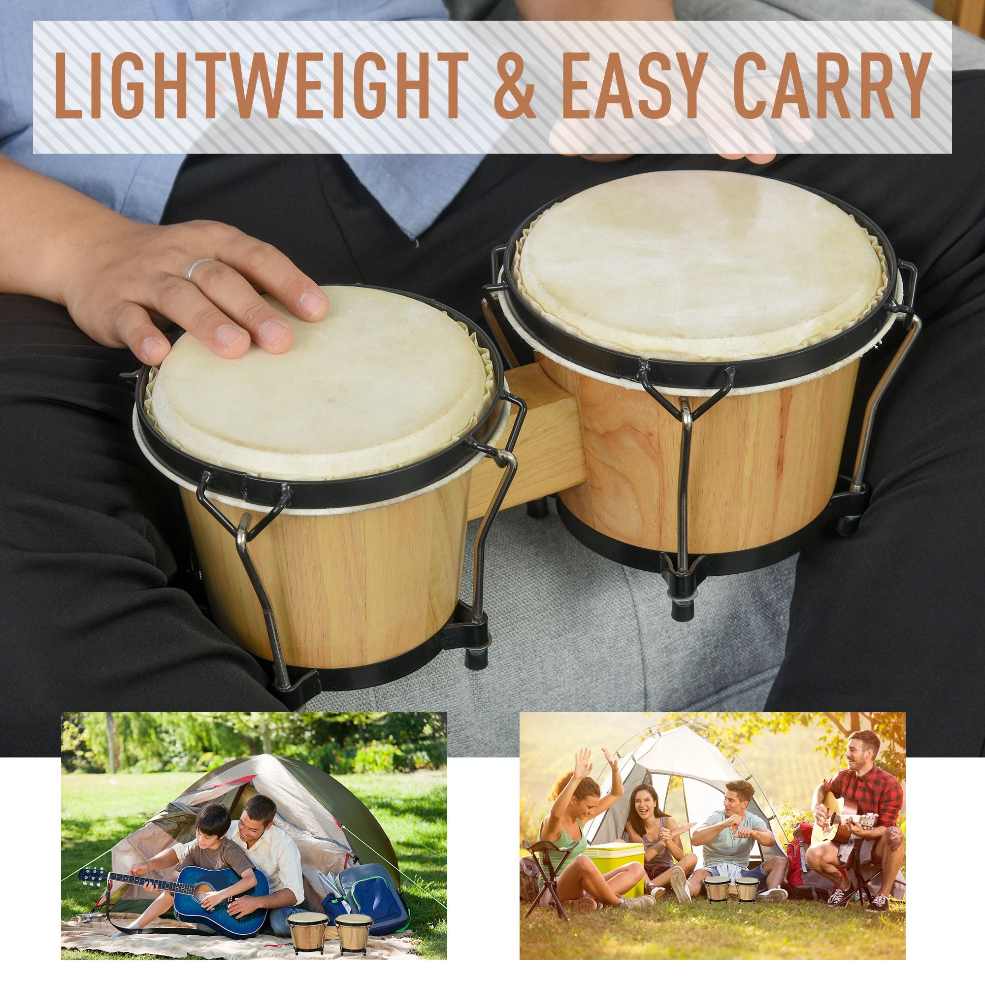 HOMCOM Wooden Bongo Drum Set ?7.75" & ?7" w/ Drum Head, Percussion Instrument, Drums, Tuning Wrench For Adults Beginners - anydaydirect