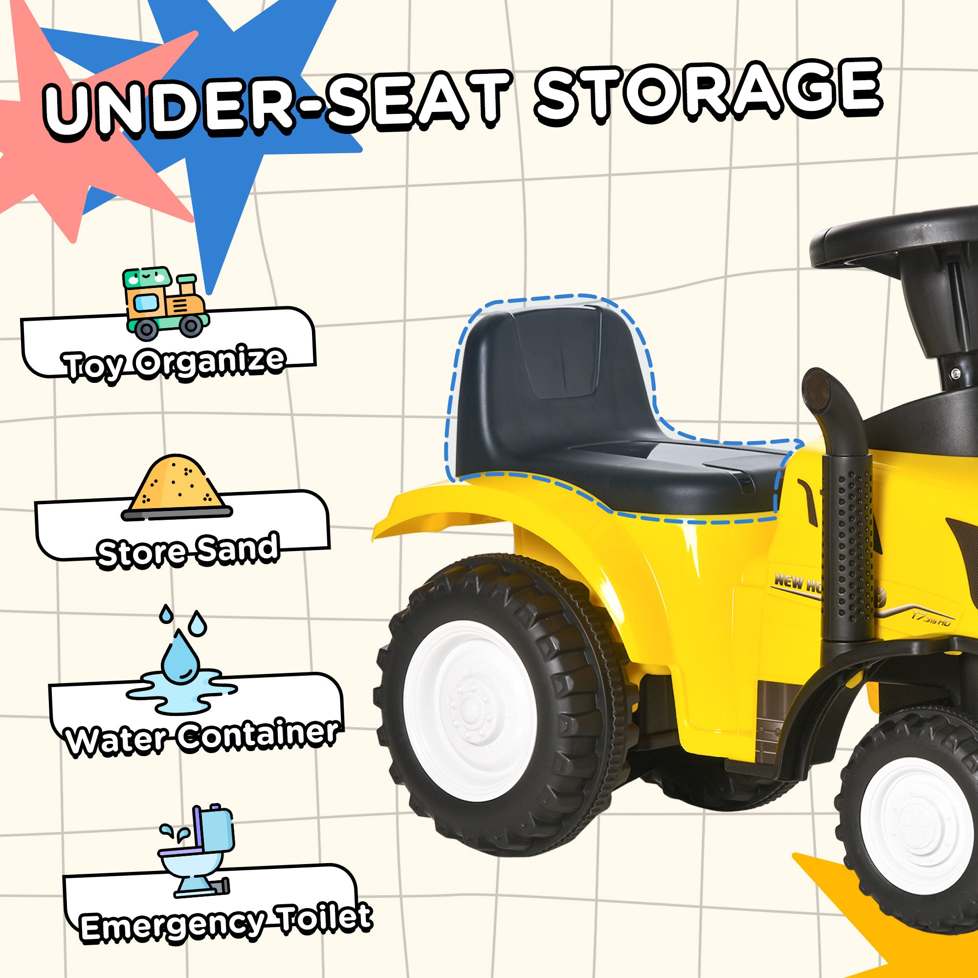 HOMCOM Compatible Baby Toddler Sliding Car NEW HOLLAND Licensed Foot to Floor Slider w/ Horn Storage Steering Wheel for 12-36 Months Yellow - anydaydirect