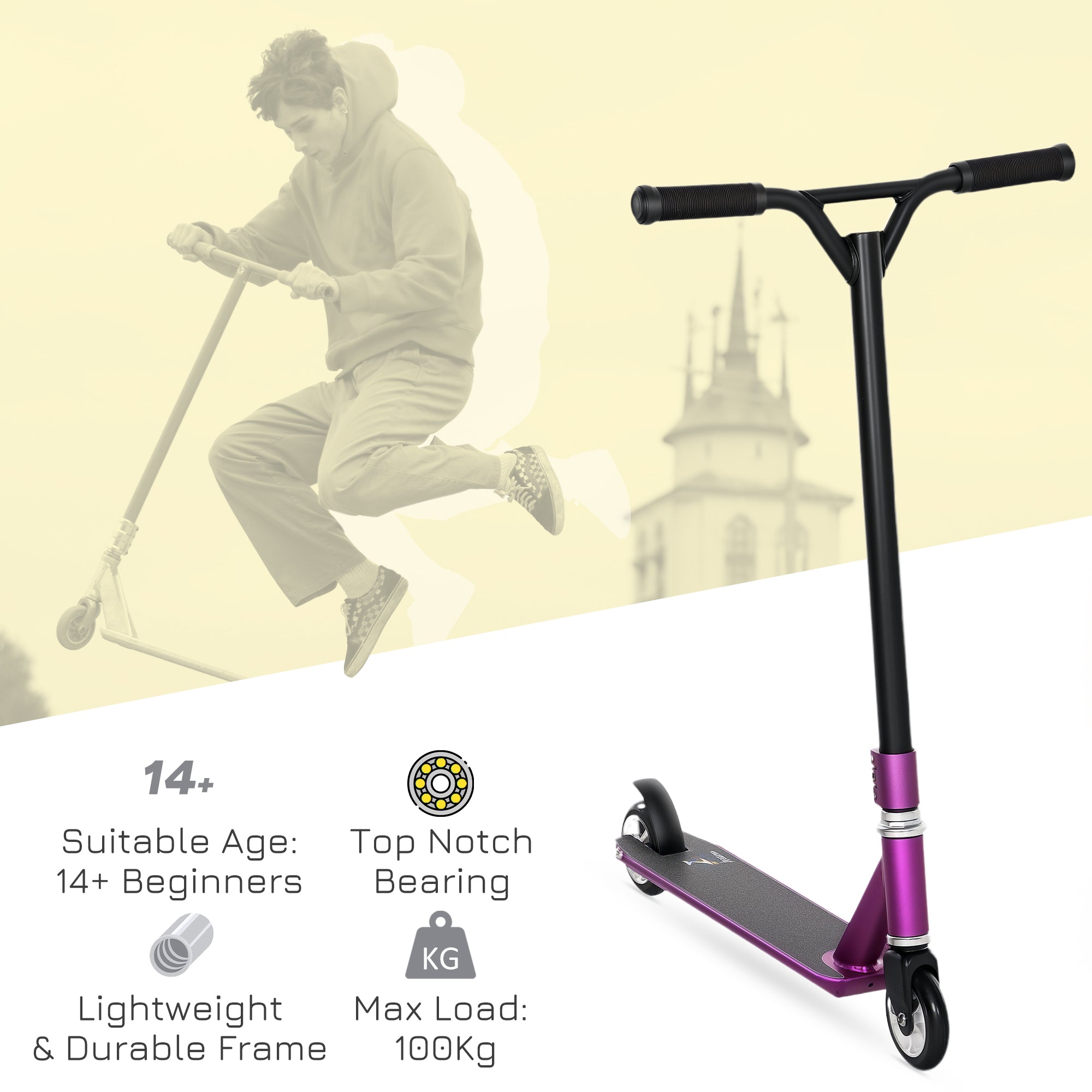 HOMCOM Stunt Scooter, 360° Entry Level Tricks Scooter w/ Lightweight Aluminium Deck and ABEC 7 Bearing, For Age 14+ Beginners, Purple - anydaydirect