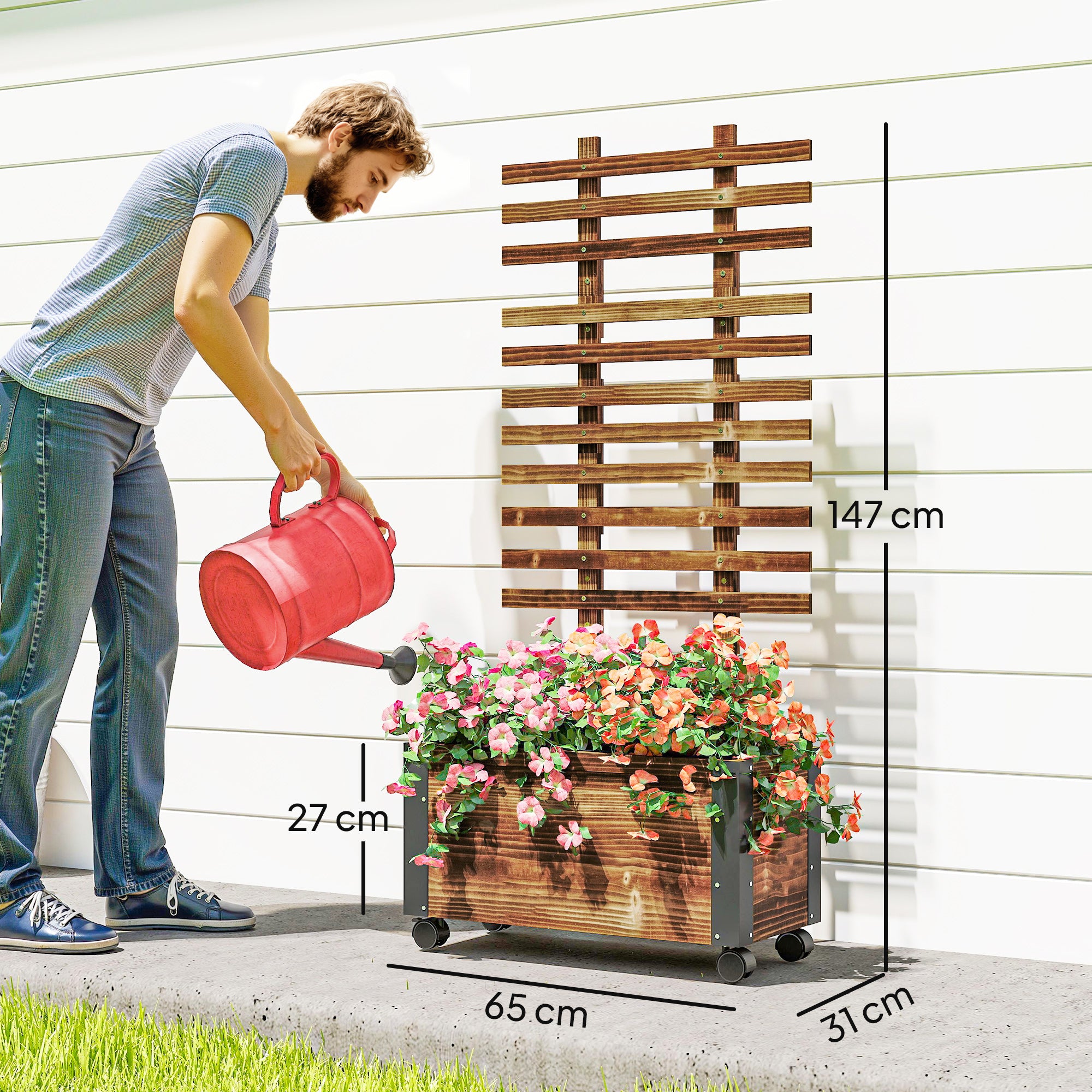 Outsunny Raised Garden Bed with Trellis, Outdoor Wooden Planter Box with Metal Corners and Wheels, Raised Bed for Garden - anydaydirect