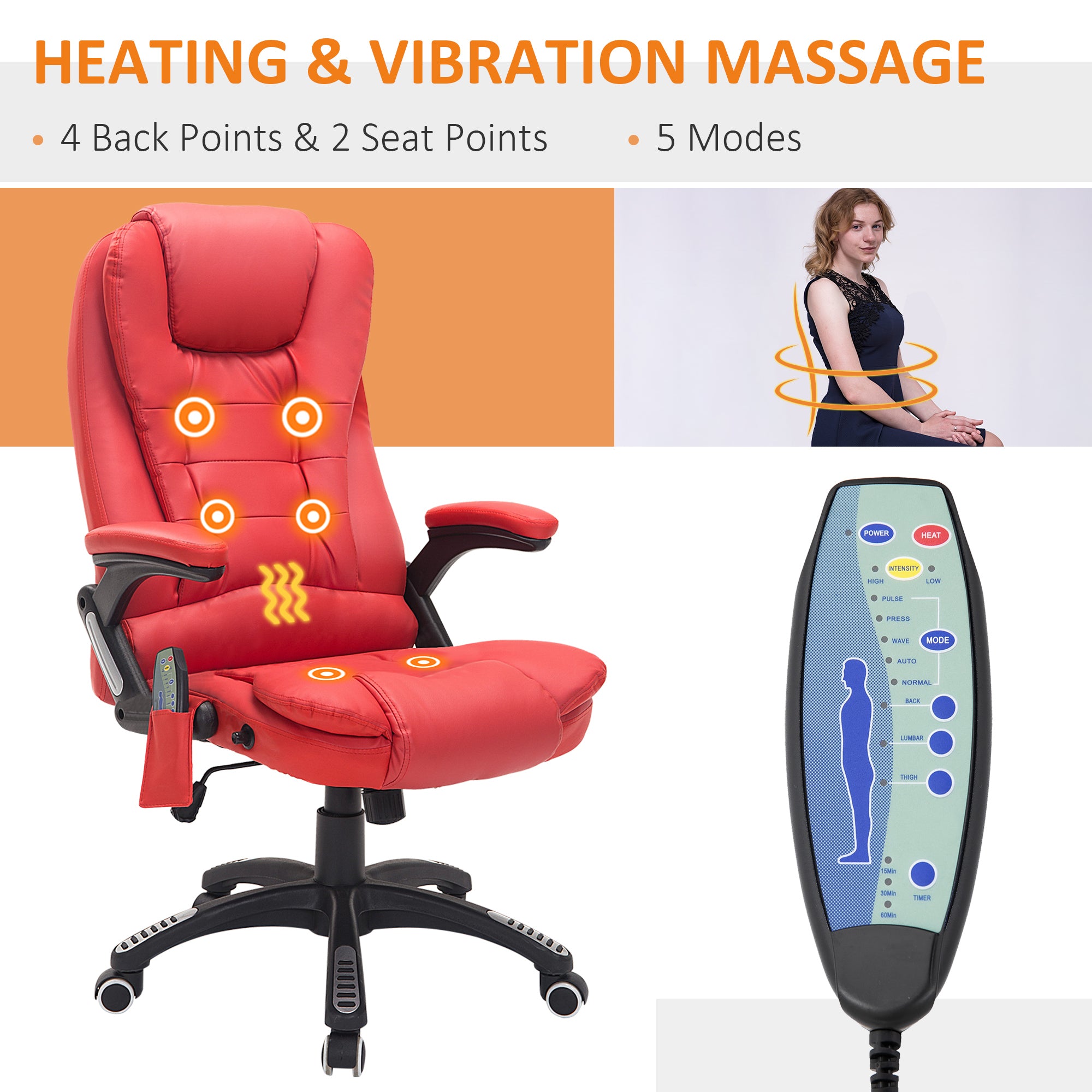HOMCOM Executive Office Chair with Massage and Heat, High Back PU Leather Massage Office Chair with Adjustable Height, Red - anydaydirect