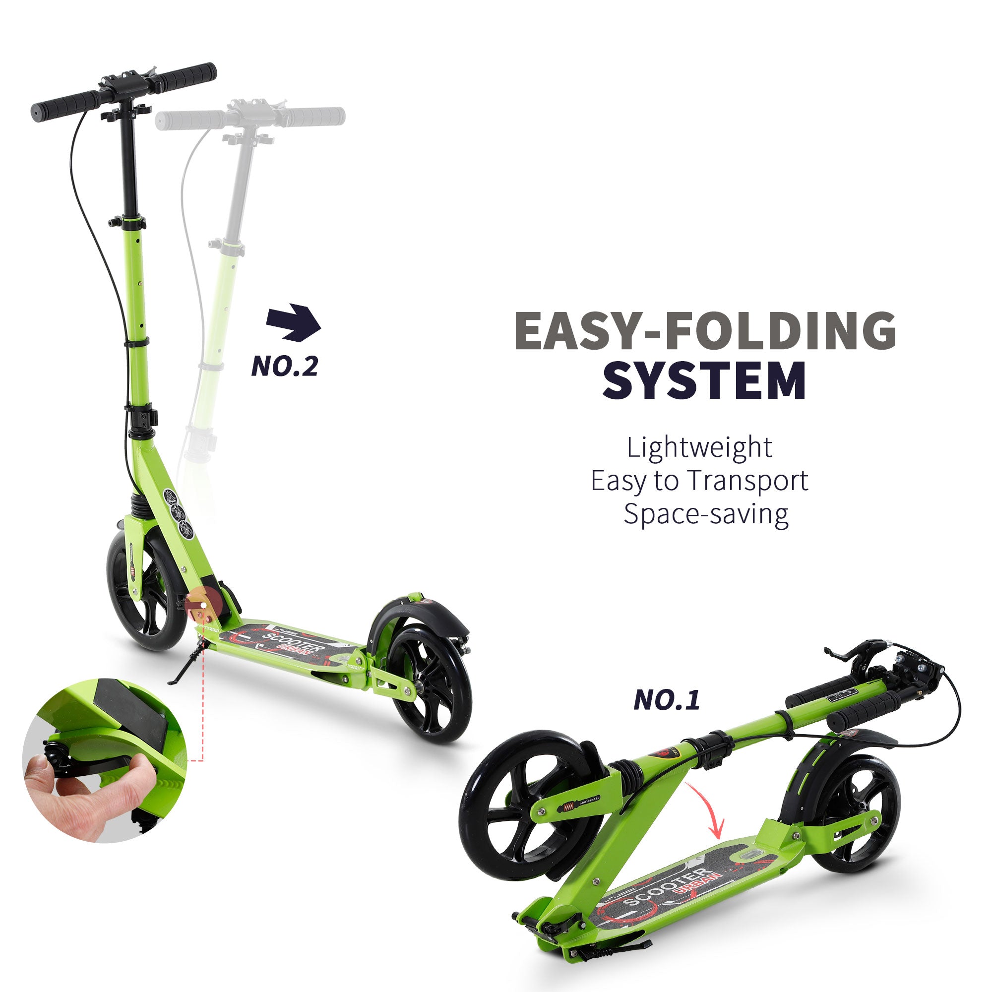 HOMCOM Kick Scooter, Folding 2 Wheel Scooter for 14+ Teens Adults, with Dual Brake System, Dual Suspension, 230mm Big Wheels, 3 Adjustable Handlebar, up to 100KG, Green - anydaydirect
