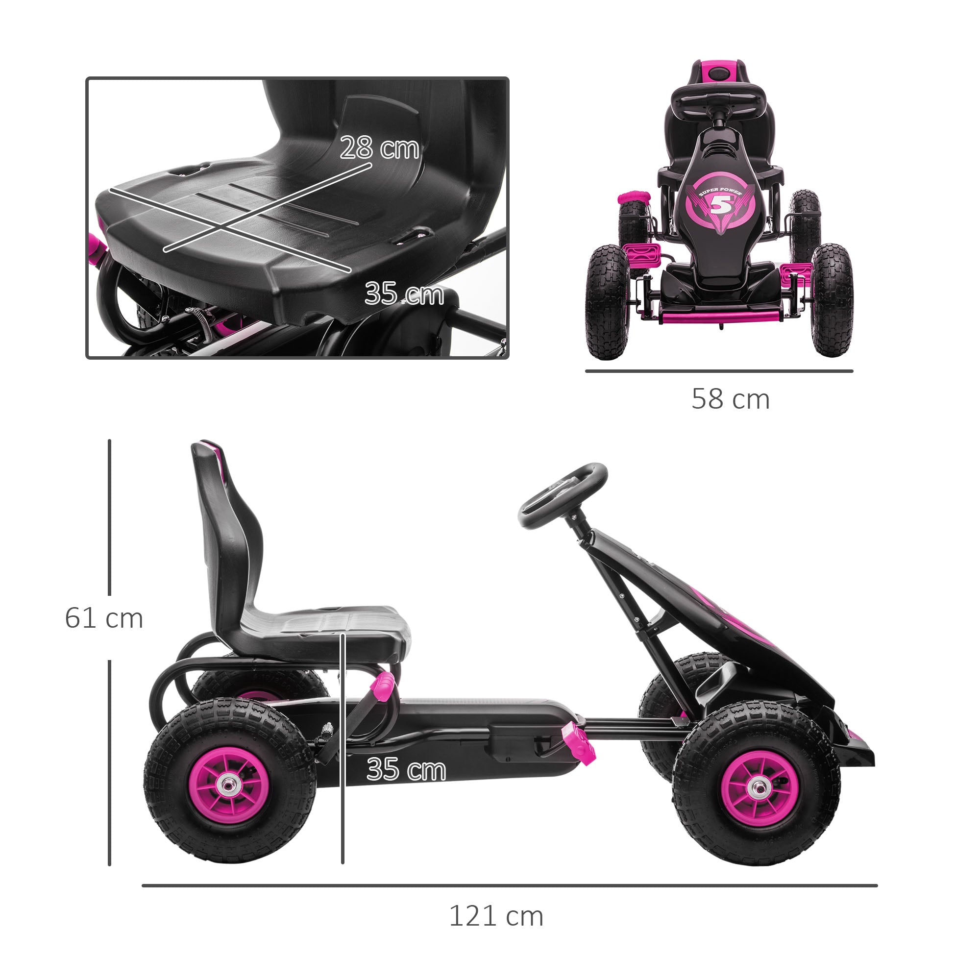HOMCOM Children Pedal Go Kart, Racing Go Cart w/ Adjustable Seat, Inflatable Tyres, Shock Absorb, Handbrake, for Kids Aged 5-12, Pink - anydaydirect