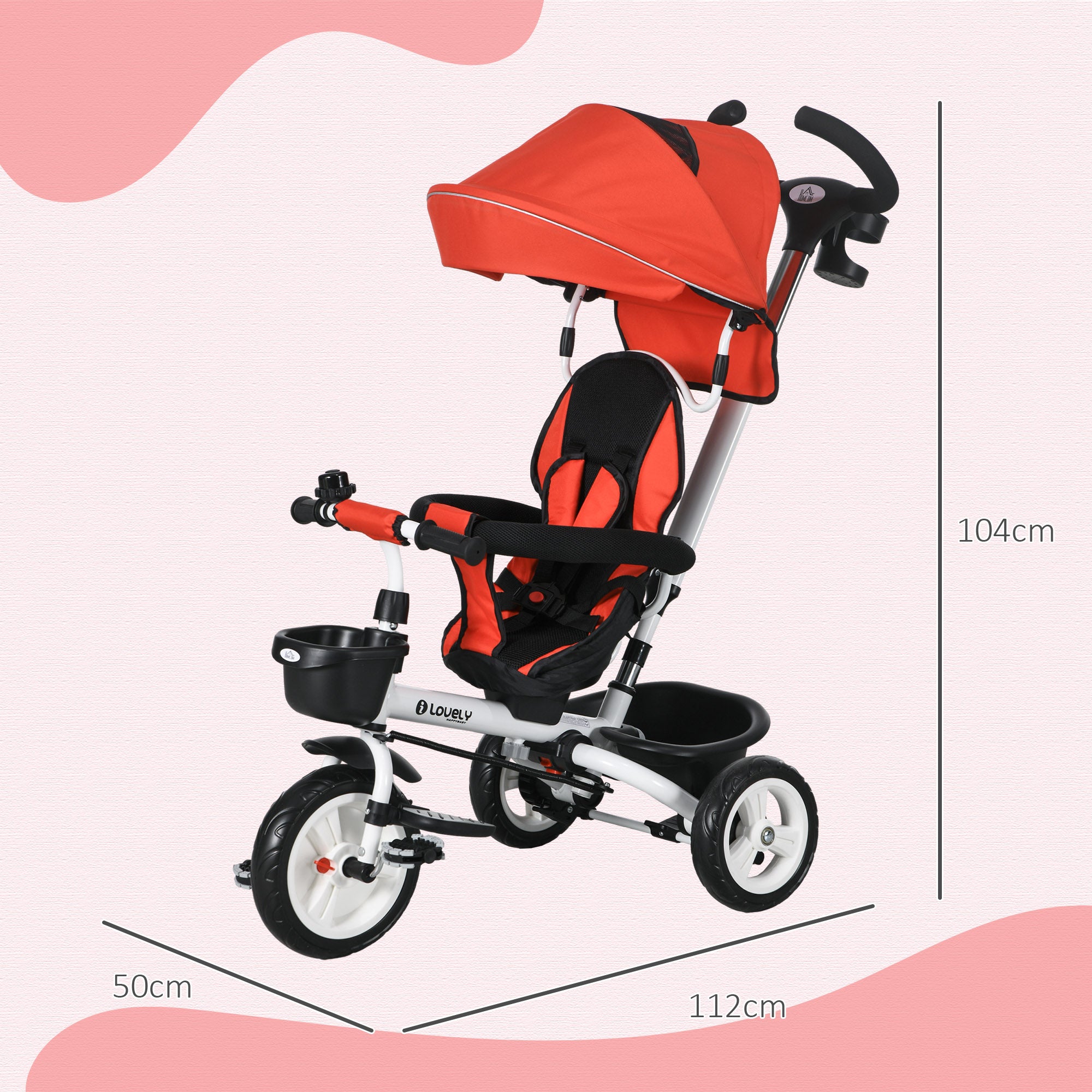 HOMCOM Metal Frame 4 in 1 Baby Push Tricycle with Parent Handle for 1-5 Years Old, Red - anydaydirect
