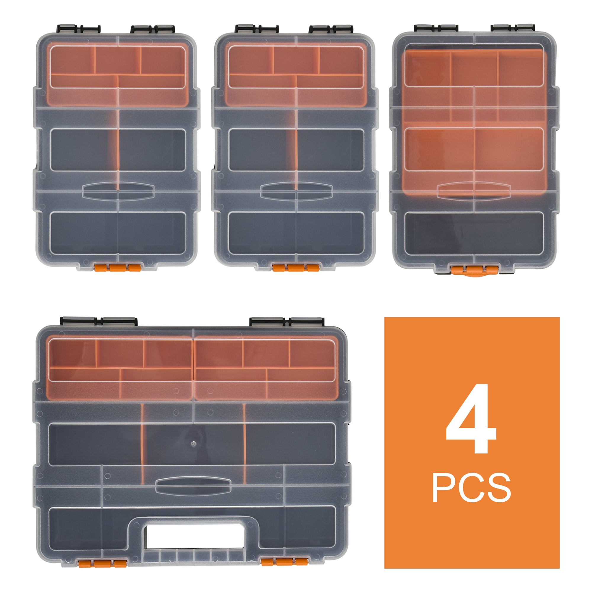 DURHAND Set Of 4 Plastic DIY Tool Storage Boxes w/ Inside Dividers Locking Lids Home Garage Organisation Stacking Arts Crafts Bolts Black Orange - anydaydirect