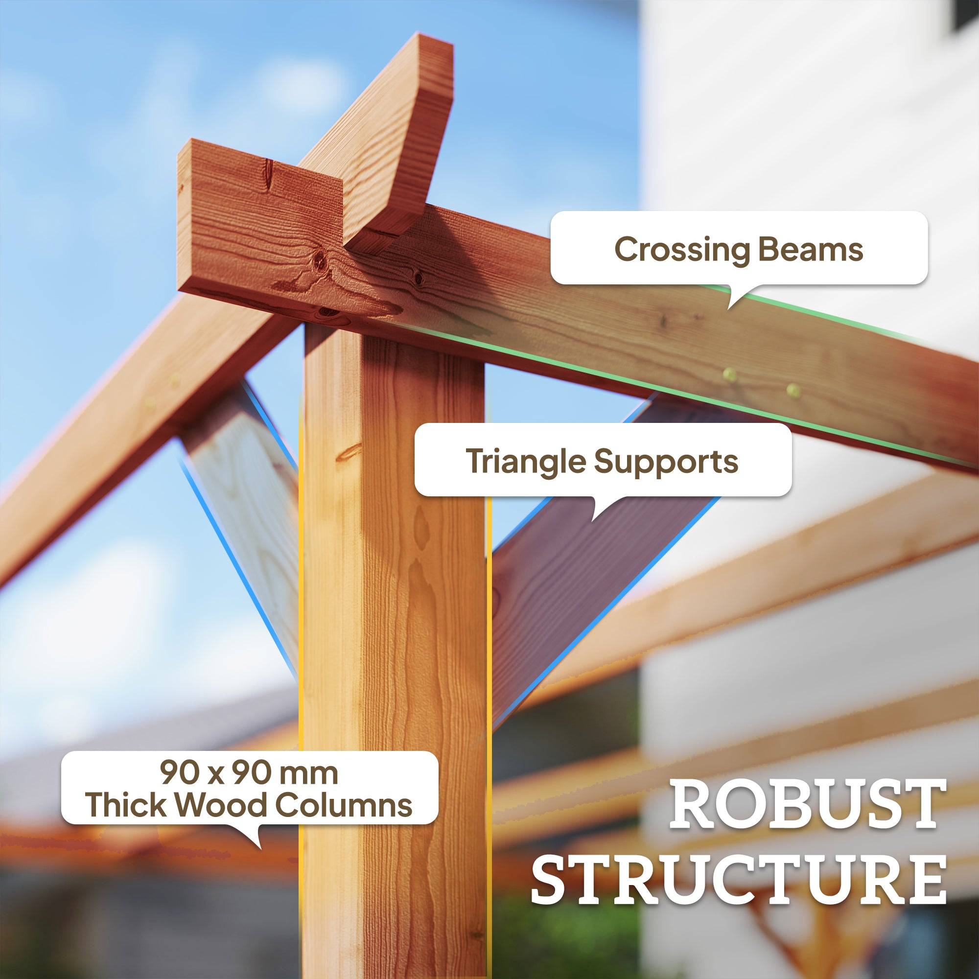 Outsunny 3 x 3 m Wooden Pergola Kit, Garden Pergola Gazebo Grape Trellis with Triangle Supports, 5 Beams, Maple Wood-effect - anydaydirect