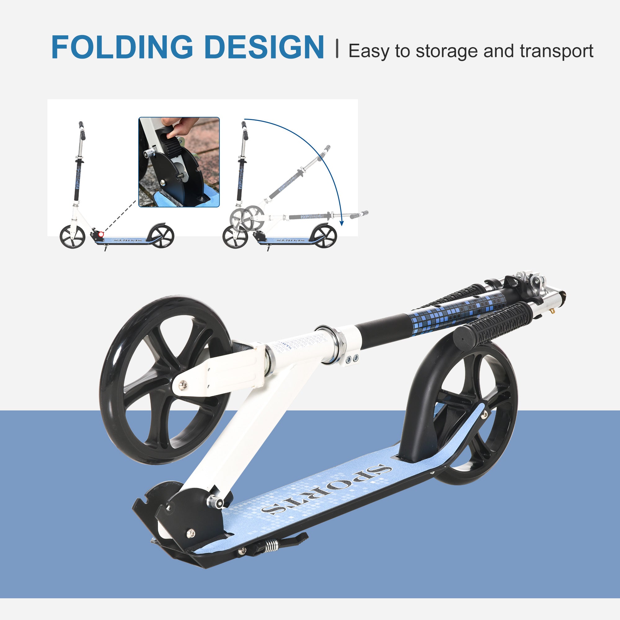 HOMCOM 2 Wheel Kids Stunt Kick Scooter Foldable Teens Commuter Aluminium Frame Adjustable Handles - White Blue - anydaydirect