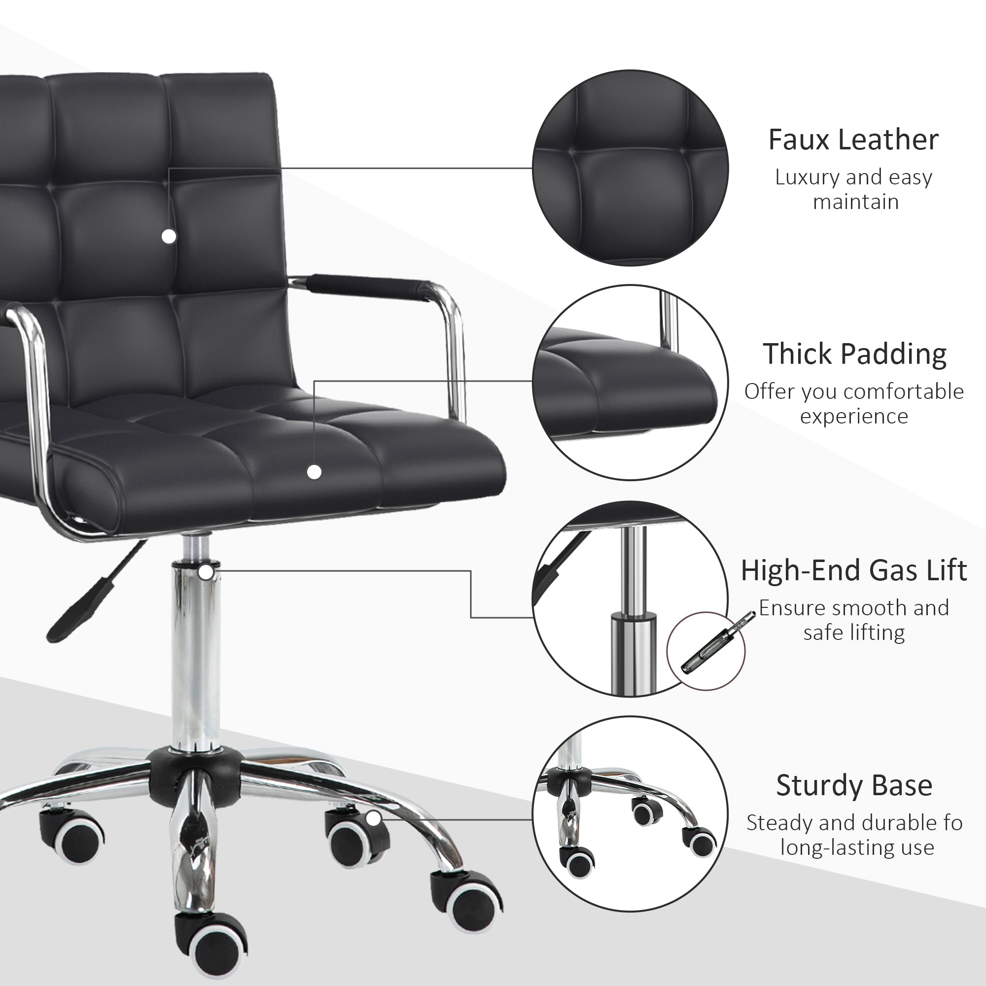 Vinsetto Office Chair, Makeup Vanity Chair, Mid Back Computer Chair, PU Leather Swivel Study Chair with Adjustable Height, Armrest and Rolling Wheels, Black - anydaydirect