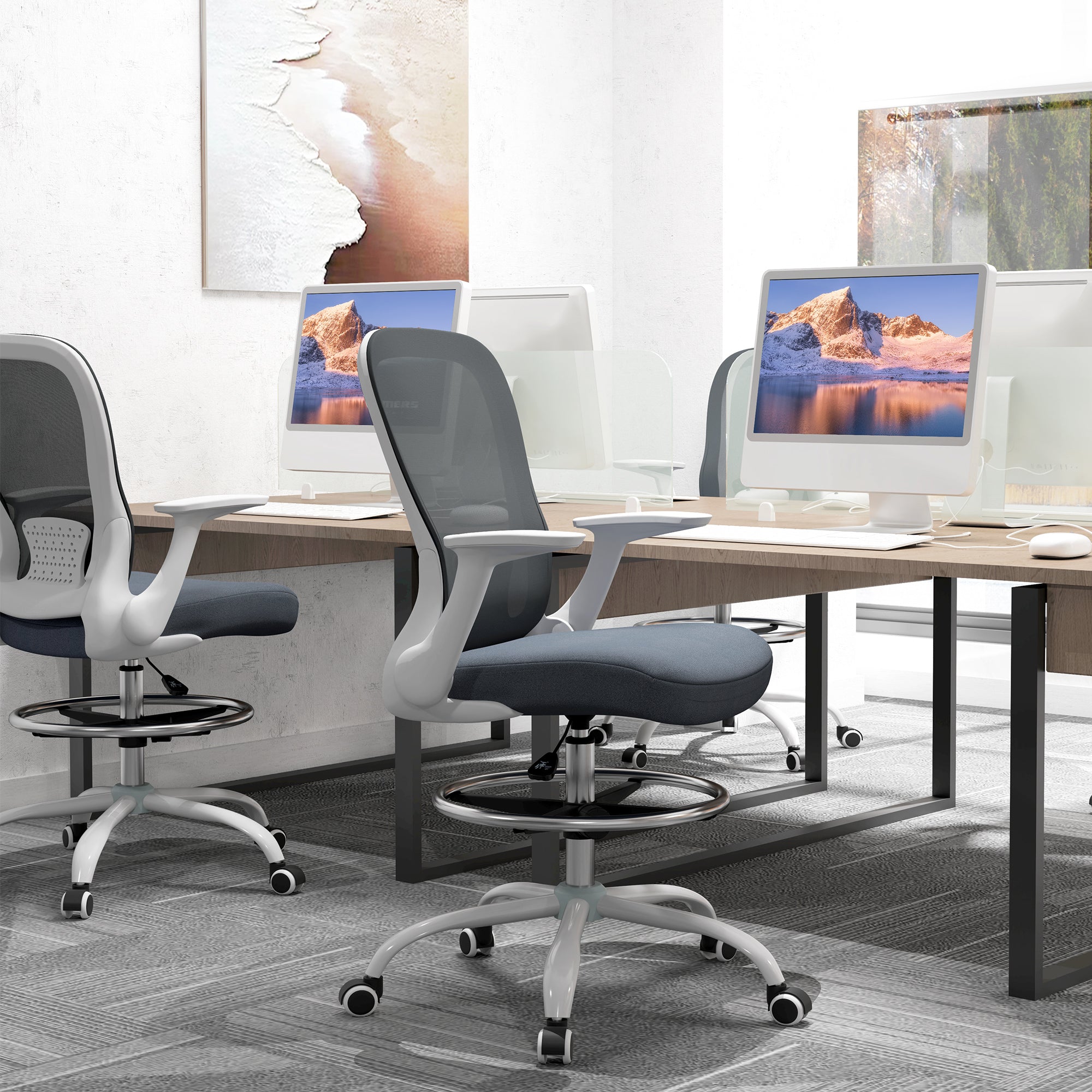 HOMCOM Draughtsman Chair, Mesh Drafting Chair, Ergonomic Office Chair with Flip-up Armrest, Adjustable Foot Ring, Grey - anydaydirect