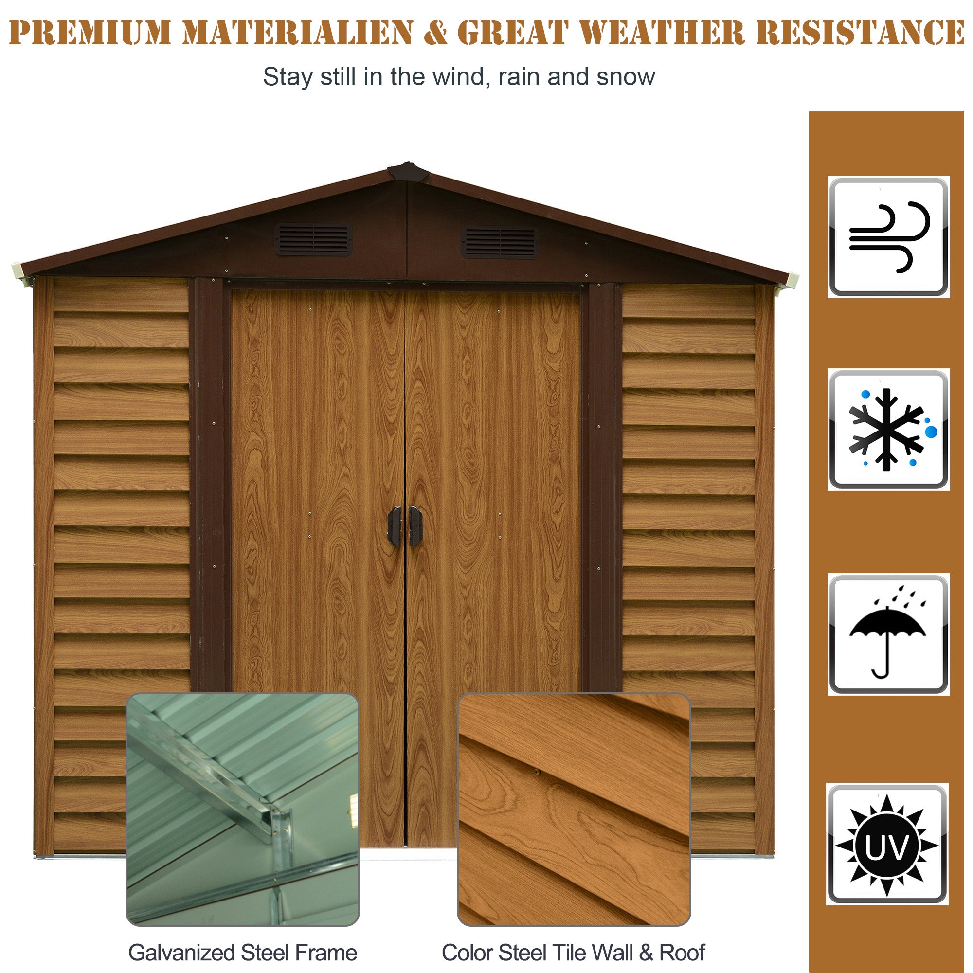 Outsunny 8 x 6.5 ft Metal Garden Storage Shed Apex Store for Gardening Tool with Foundation Ventilation and Lockable Door, Brown - anydaydirect