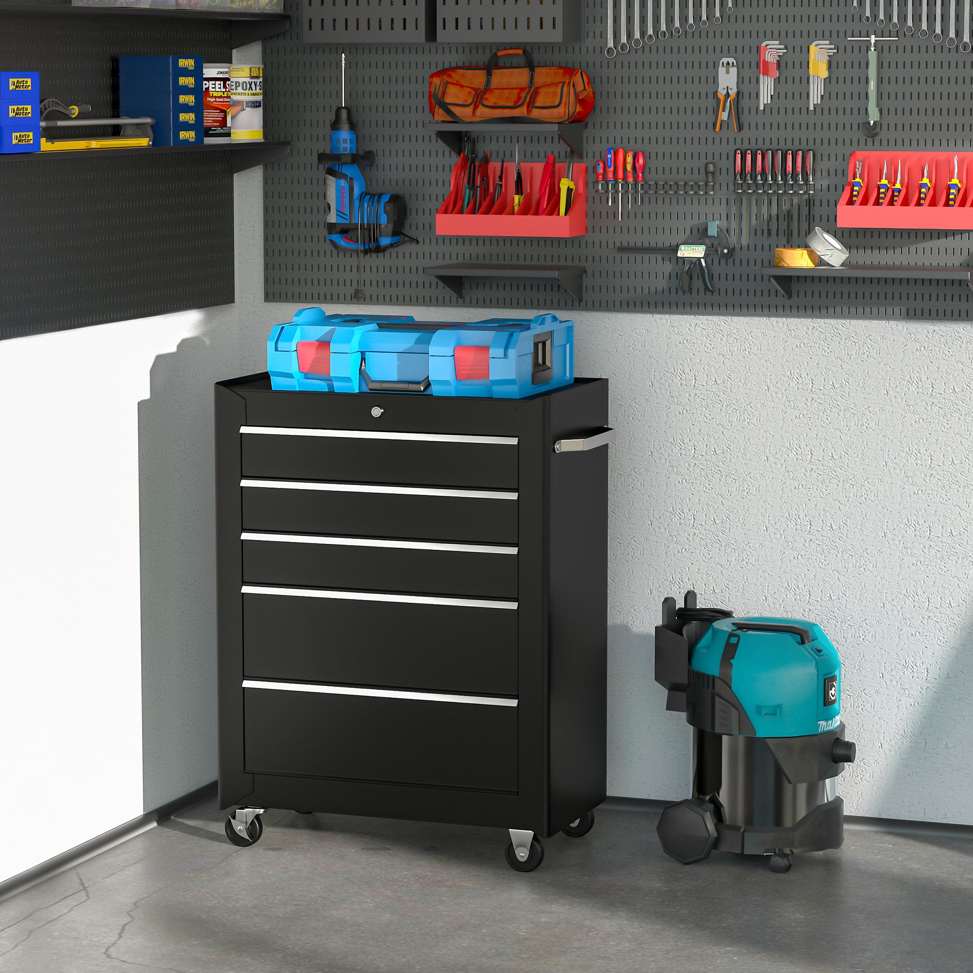 HOMCOM 5-Drawer Tool Chest, Lockable Steel Tool Storage Cabinet with Wheels and Handle Tool Box for Garage, Workshop, Black - anydaydirect